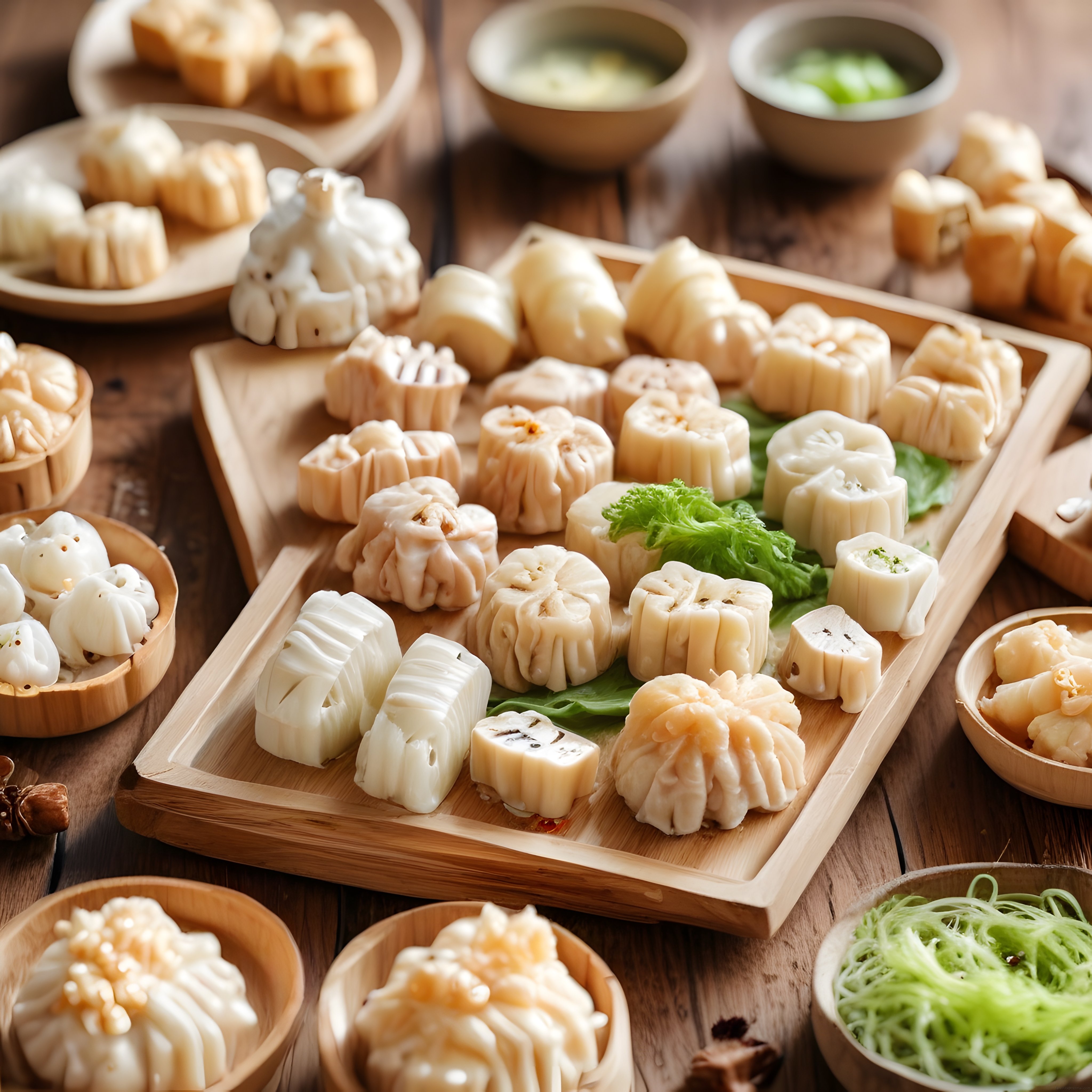 Bambu Sepetlerde Geleneksel Dim Sum Çeşitleri ve Buharda Pişmiş Mantılar