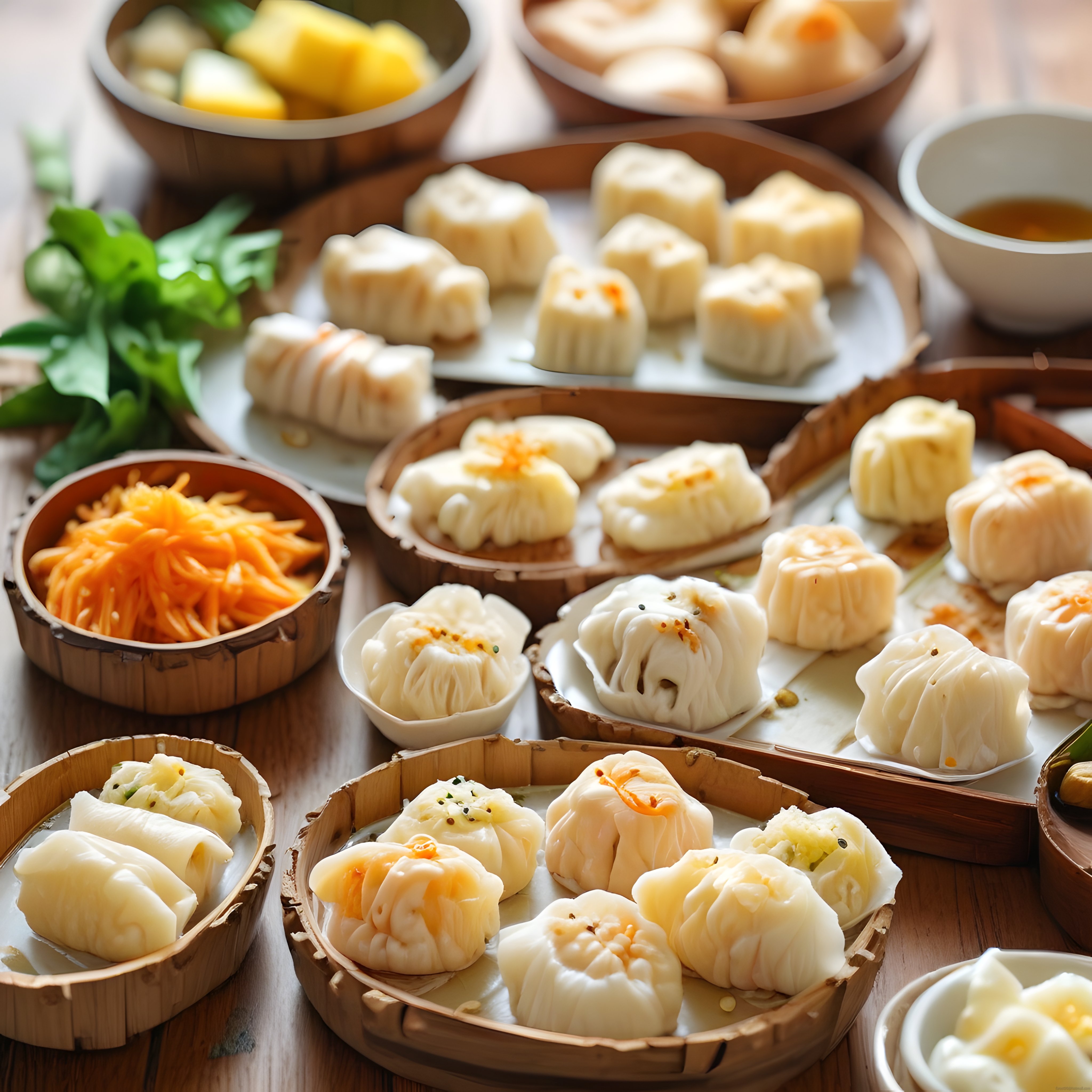 Bambu sepetlerde geleneksel dim sum ve buharda pişmiş mantı çeşitleri