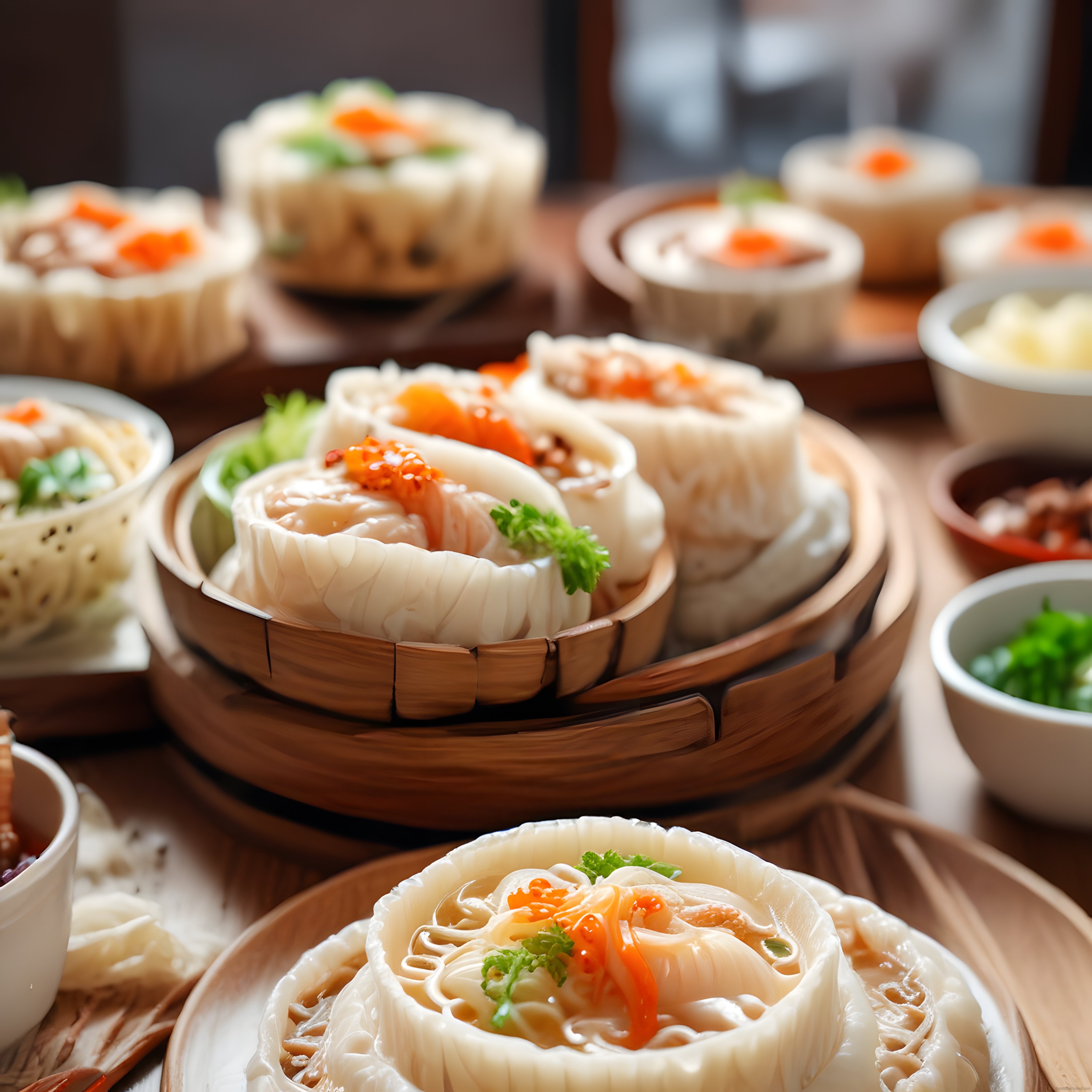 Bambu sepetlerde özenle sunulan gurme sushi ve deniz ürünü çeşitleri