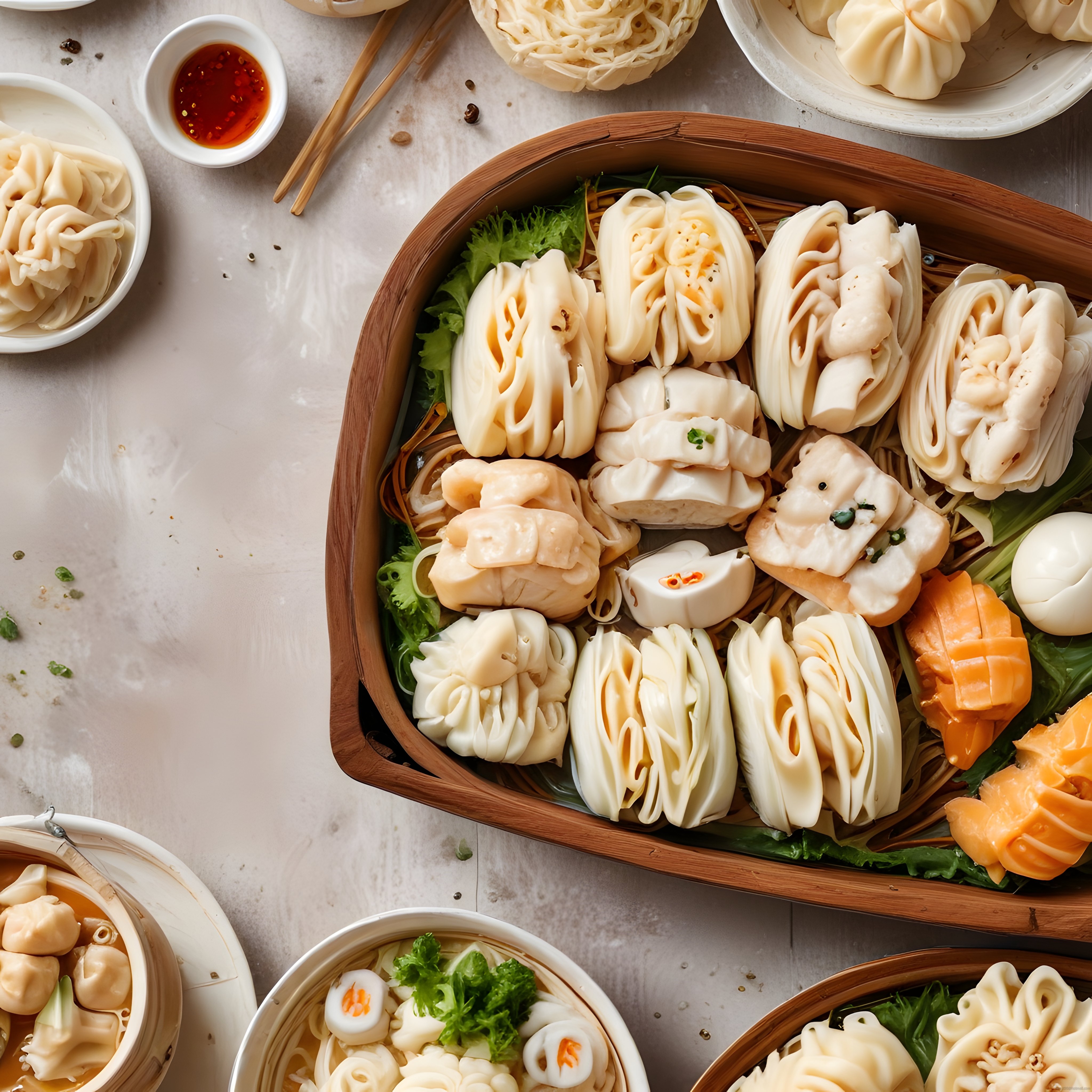 Bambu Sepetlerde Sunulan Çeşitli Asya Mantıları ve Dim Sum Lezzetleri