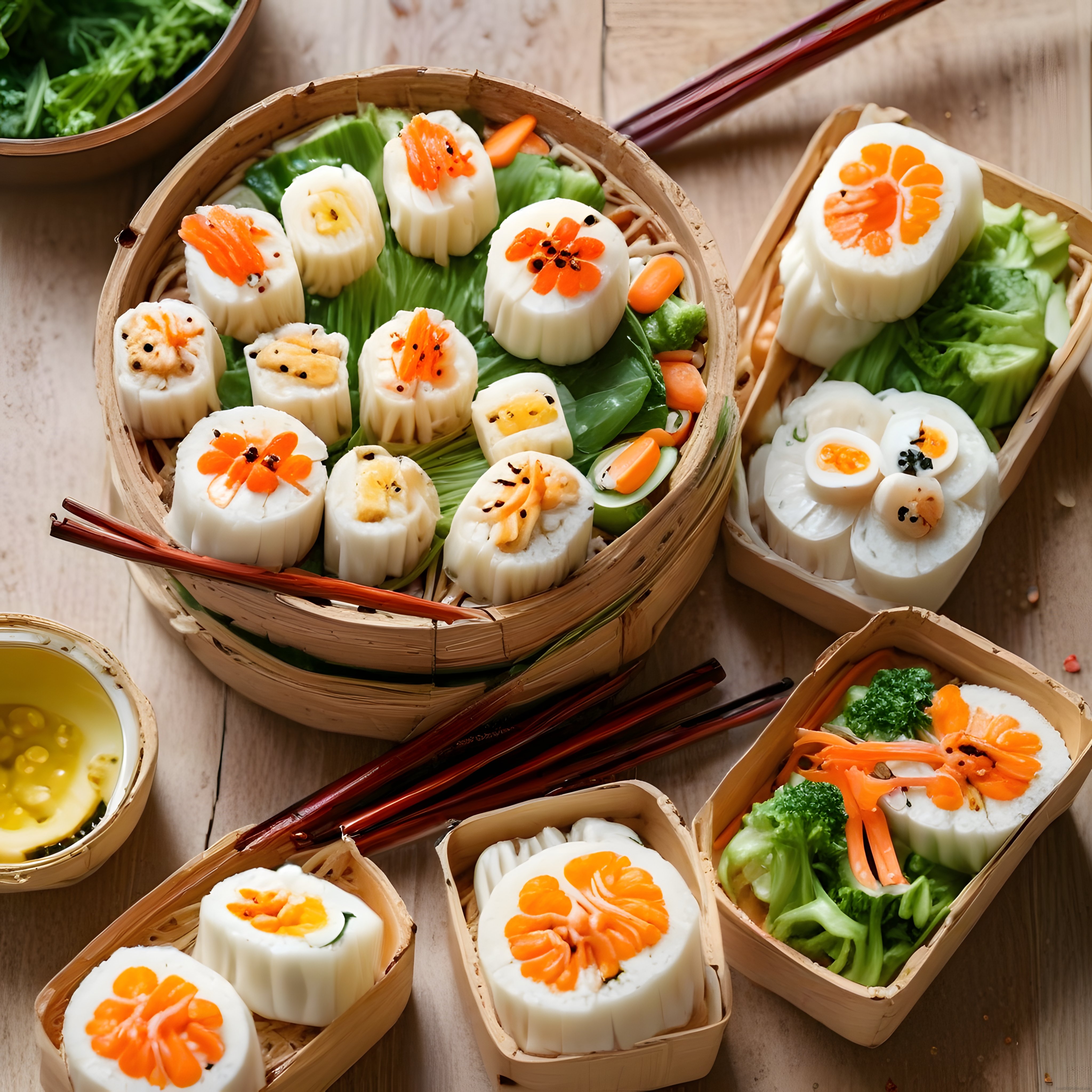 Bambu sepetlerde sunulan çiçek süslemeli sushi ve dim sum çeşitleri ahşap masada