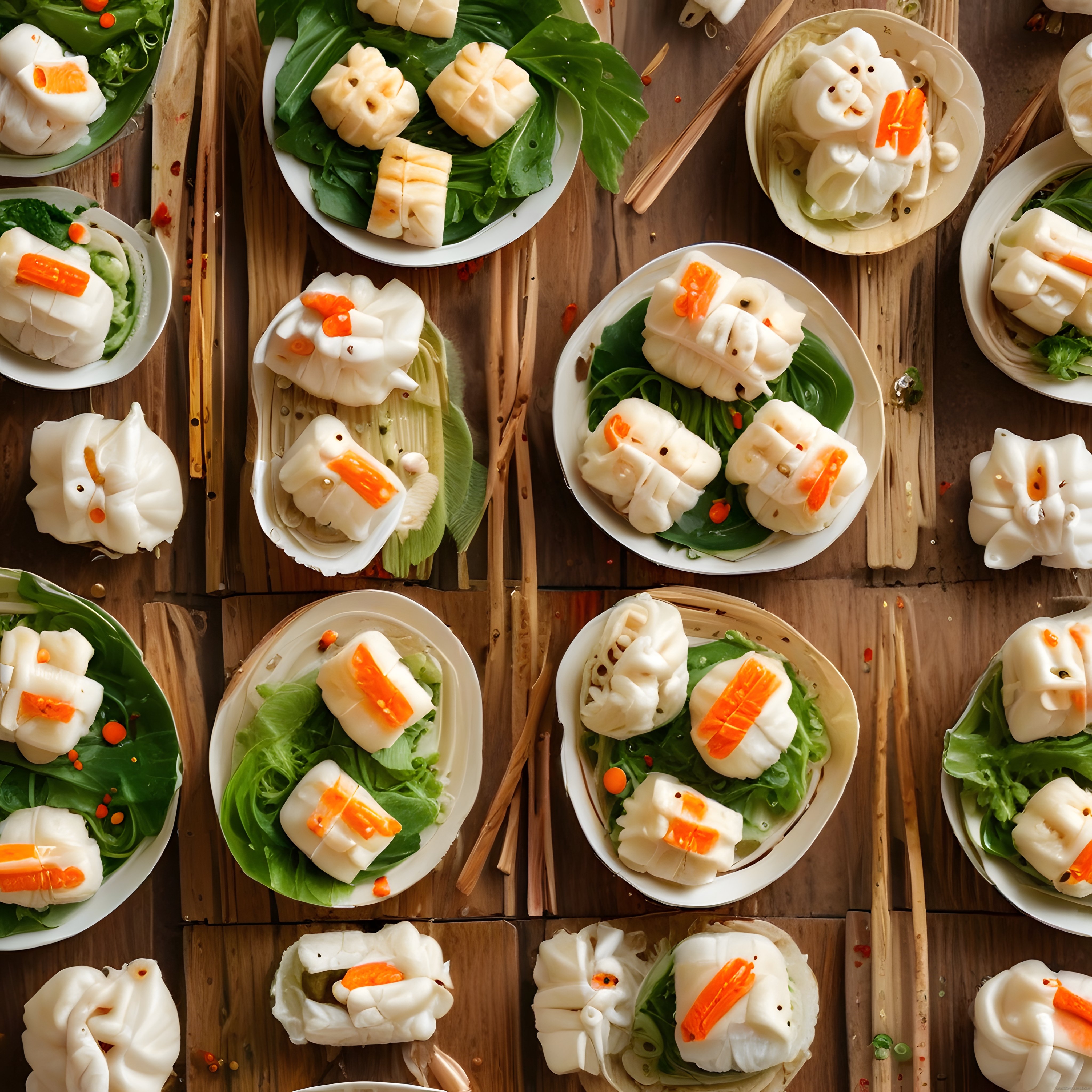 Bambu sepetlerde sunulan geleneksel buğulanmış asya mantısı ve dim sum tabağı