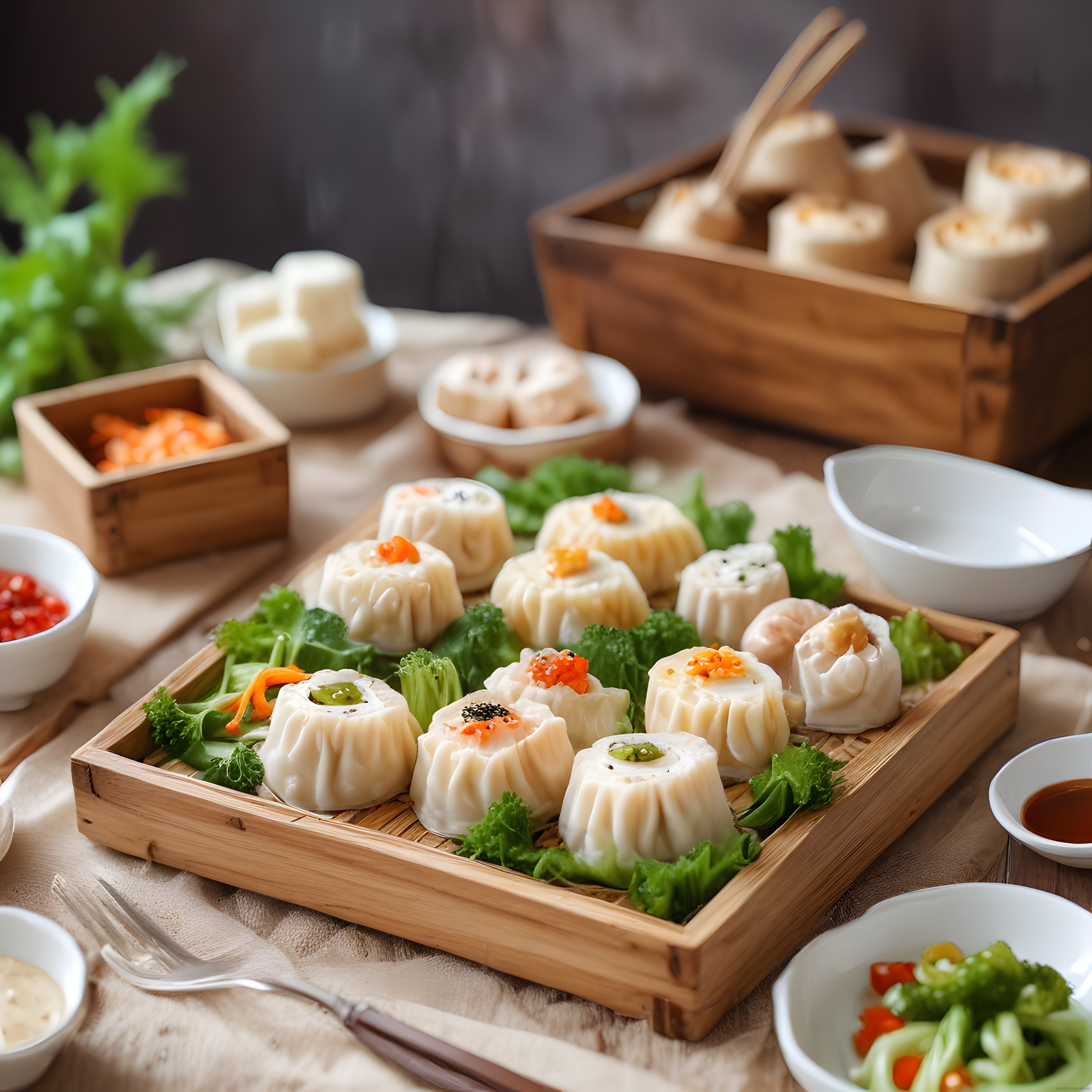 Bambu Sepetlerde Sunulan Geleneksel Çin Buharlı Mantı ve Dim Sum Çeşitleri