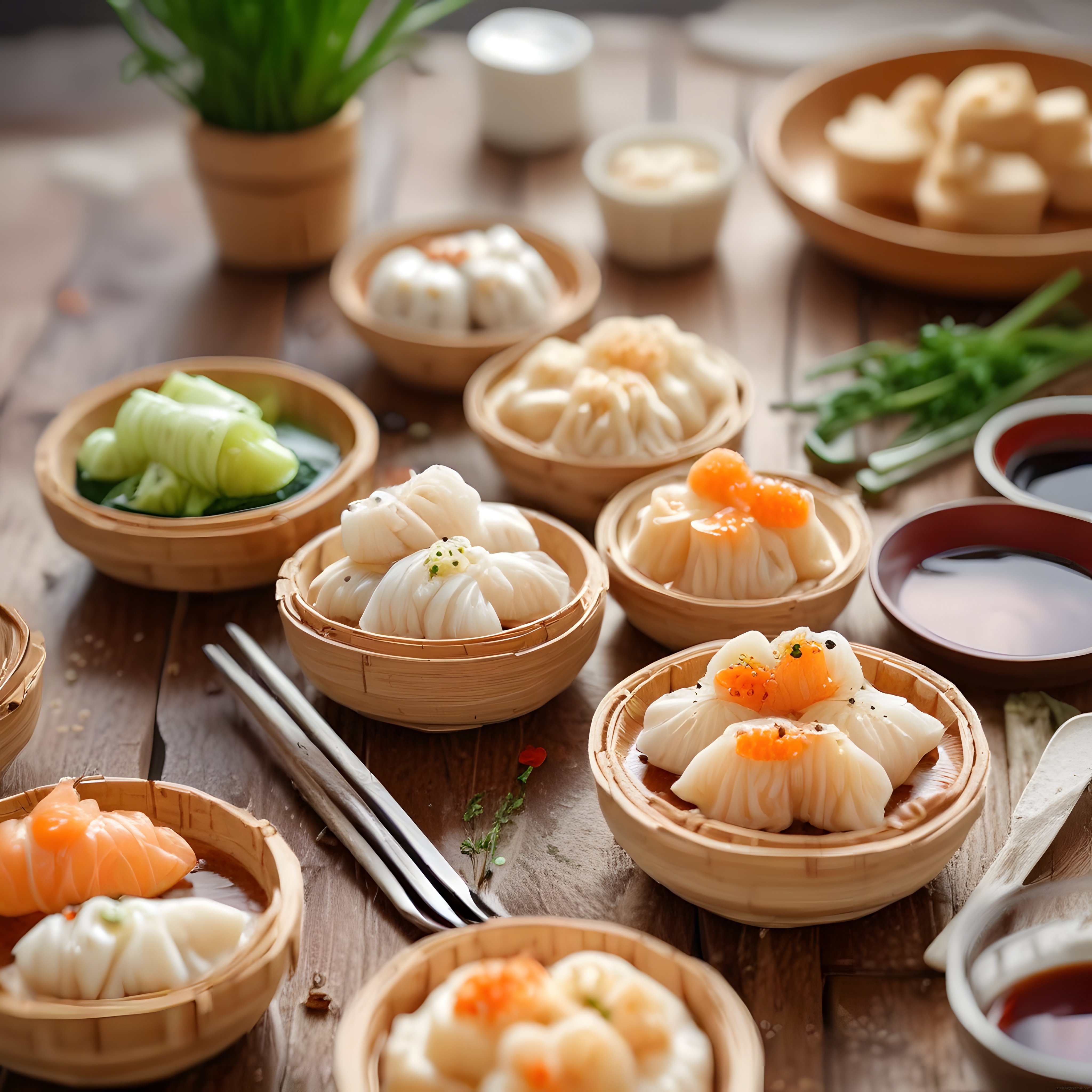 Bambu Sepetlerde Sunulan Geleneksel Çin Dim Sum Çeşitleri ve Soslar
