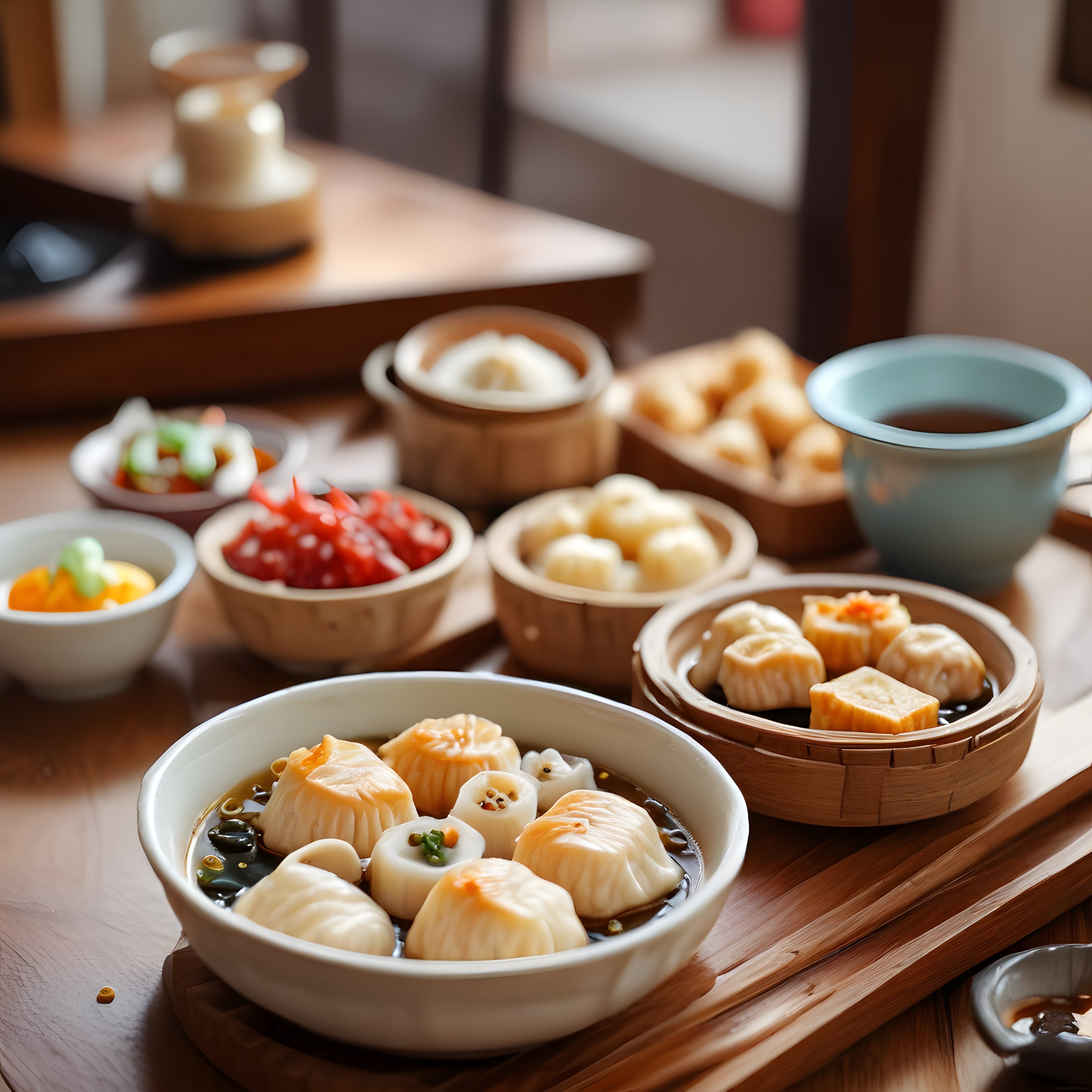 Bambu sepetlerde sunulan geleneksel Çin dim sum lezzetleri ve buharda mantılar