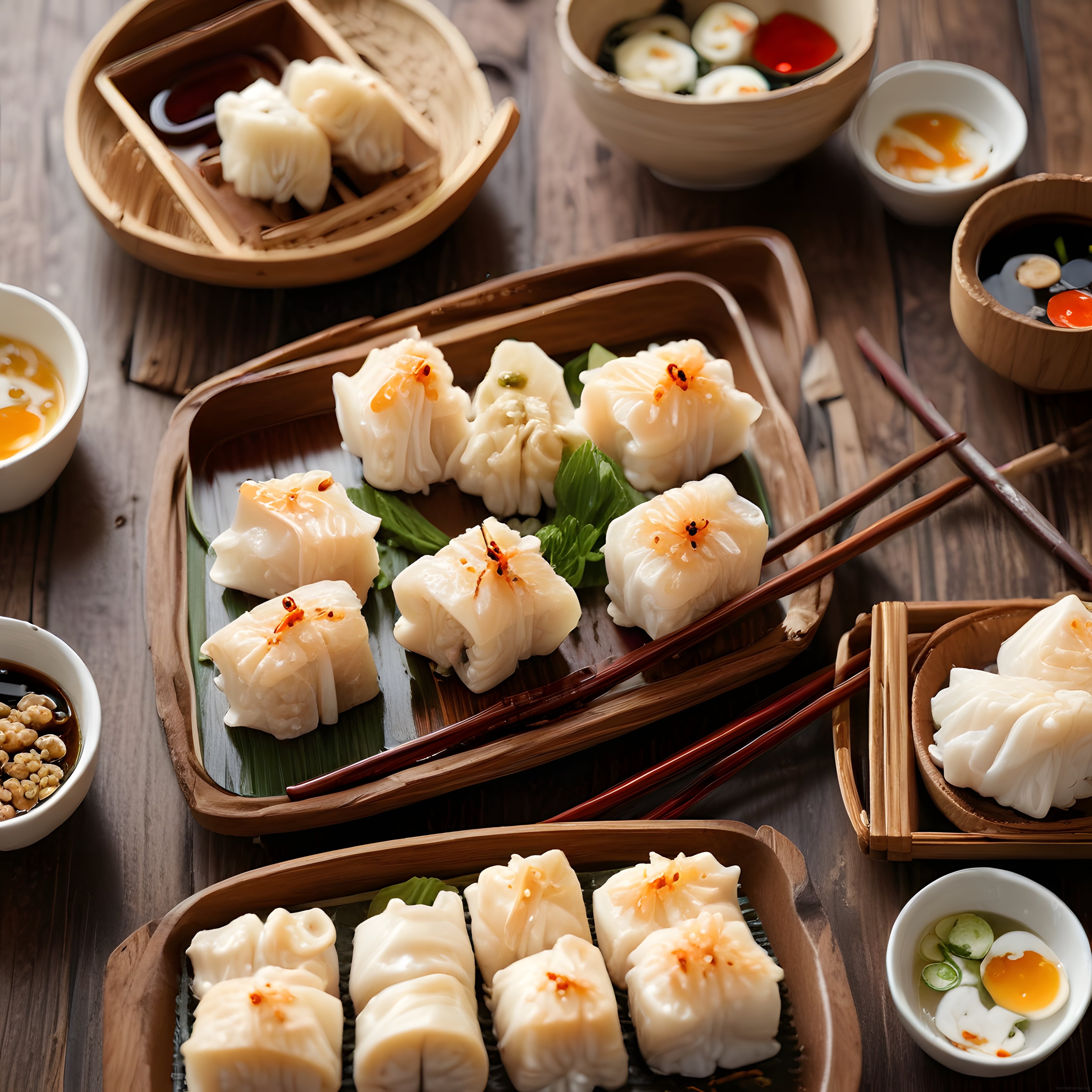Bambu Sepetlerde Sunulan Geleneksel Çin Dim Sum ve Buharda Pişmiş Mantı Çeşitleri