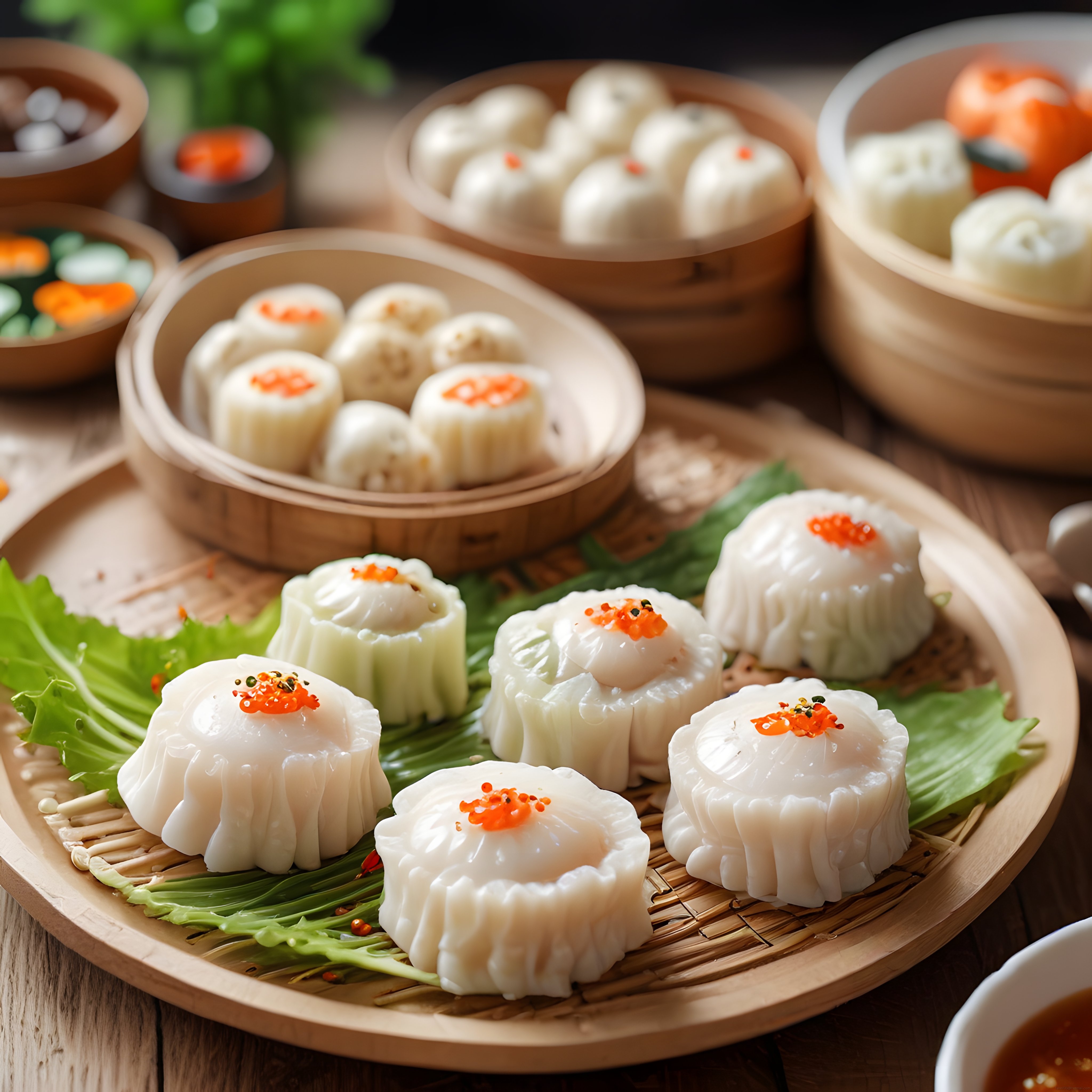 Bambu Sepetlerde Sunulan Geleneksel Dim Sum Mantıları ve Turuncu Kaviar