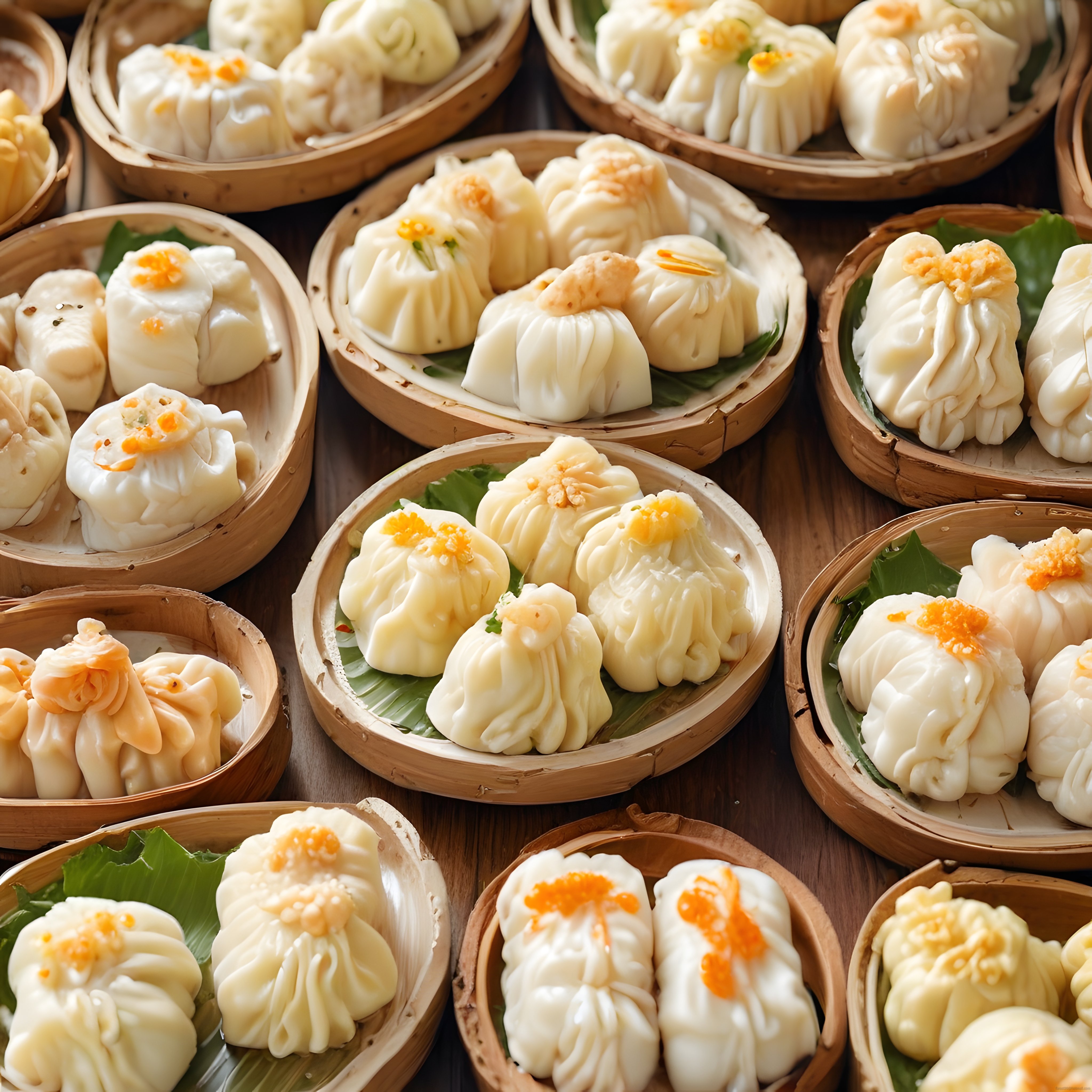 Bambu Sepetlerde Sunulan Geleneksel Dim Sum ve Buharda Pişmiş Mantı Çeşitleri