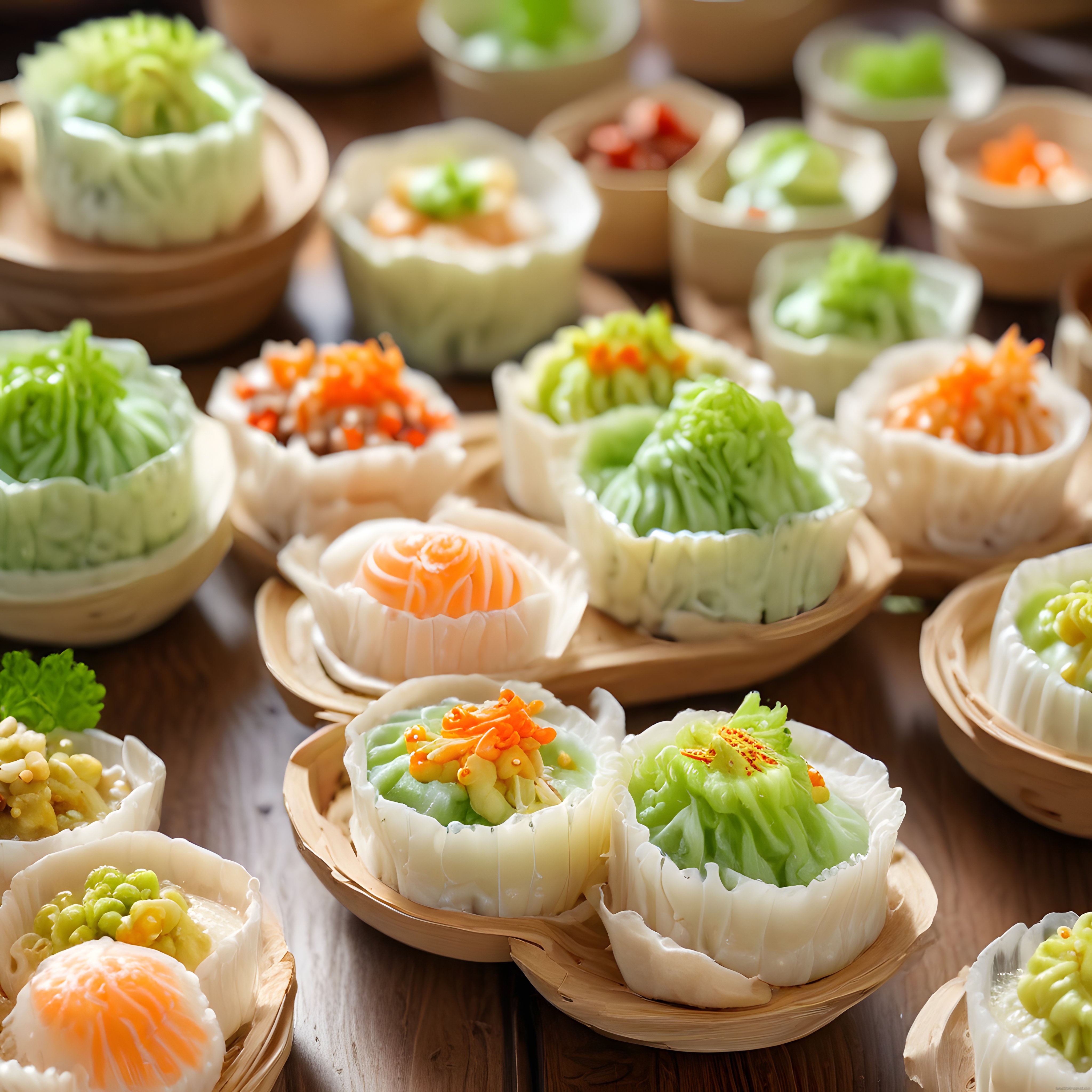 Bambu Sepetlerde Sunulan Renkli Dim Sum Çeşitleri ve Buharda Pişmiş Mantılar