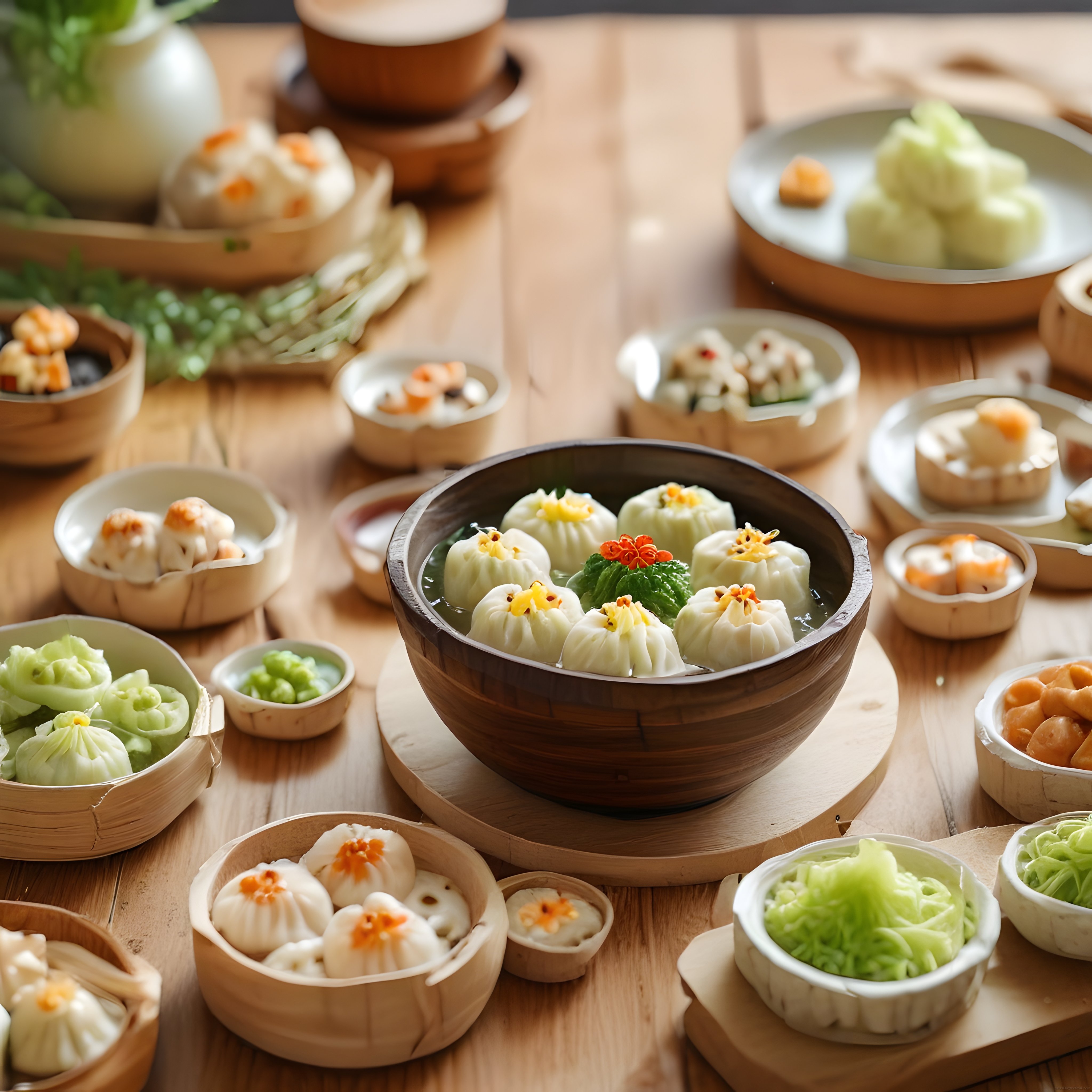 Bambu Sepetlerde Sunulan Renkli Dim Sum Mantıları ve Asya Lezzetleri