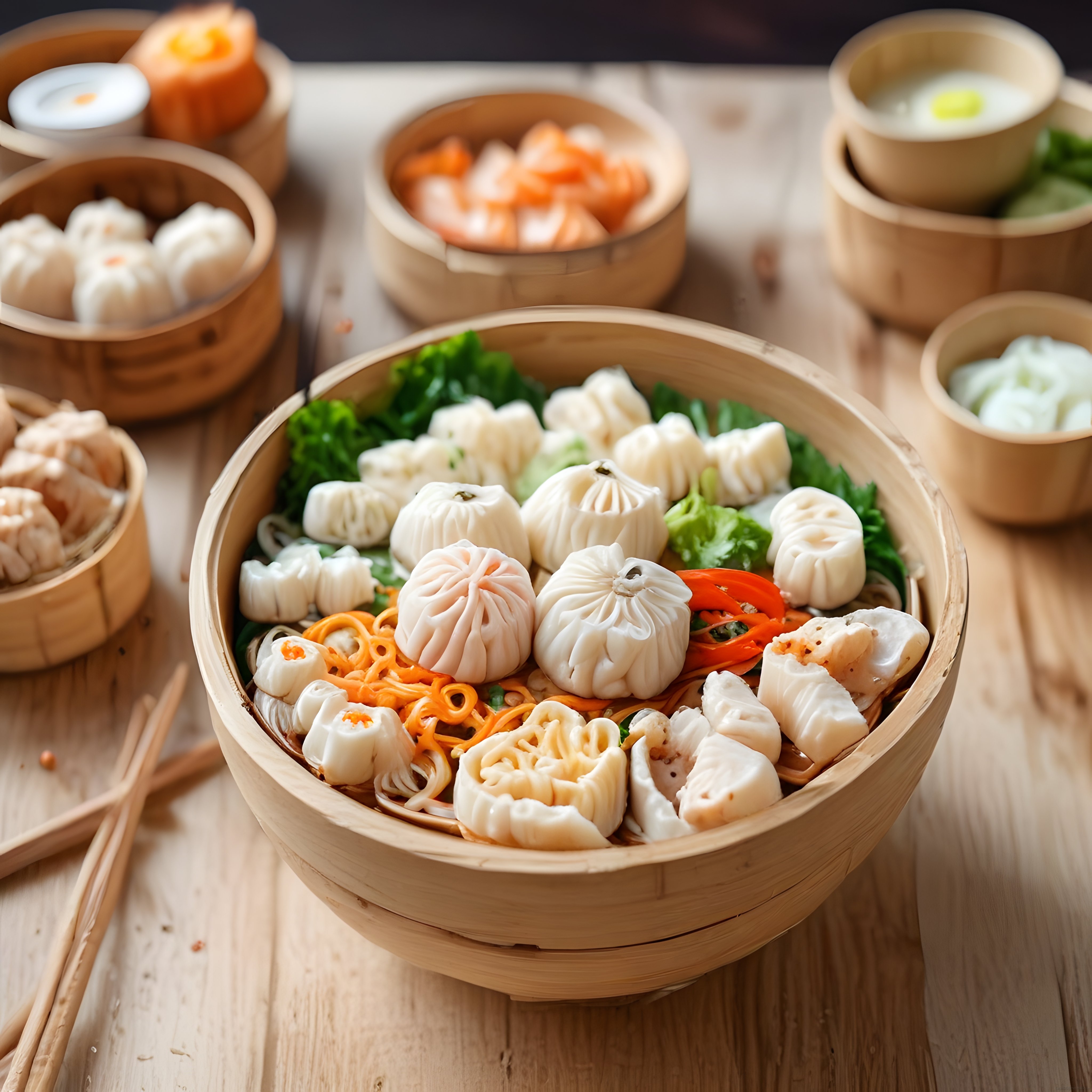 Bambu Sepetlerde Sunulan Taze Dim Sum Çeşitleri ve Asya Mutfağı Lezzetleri