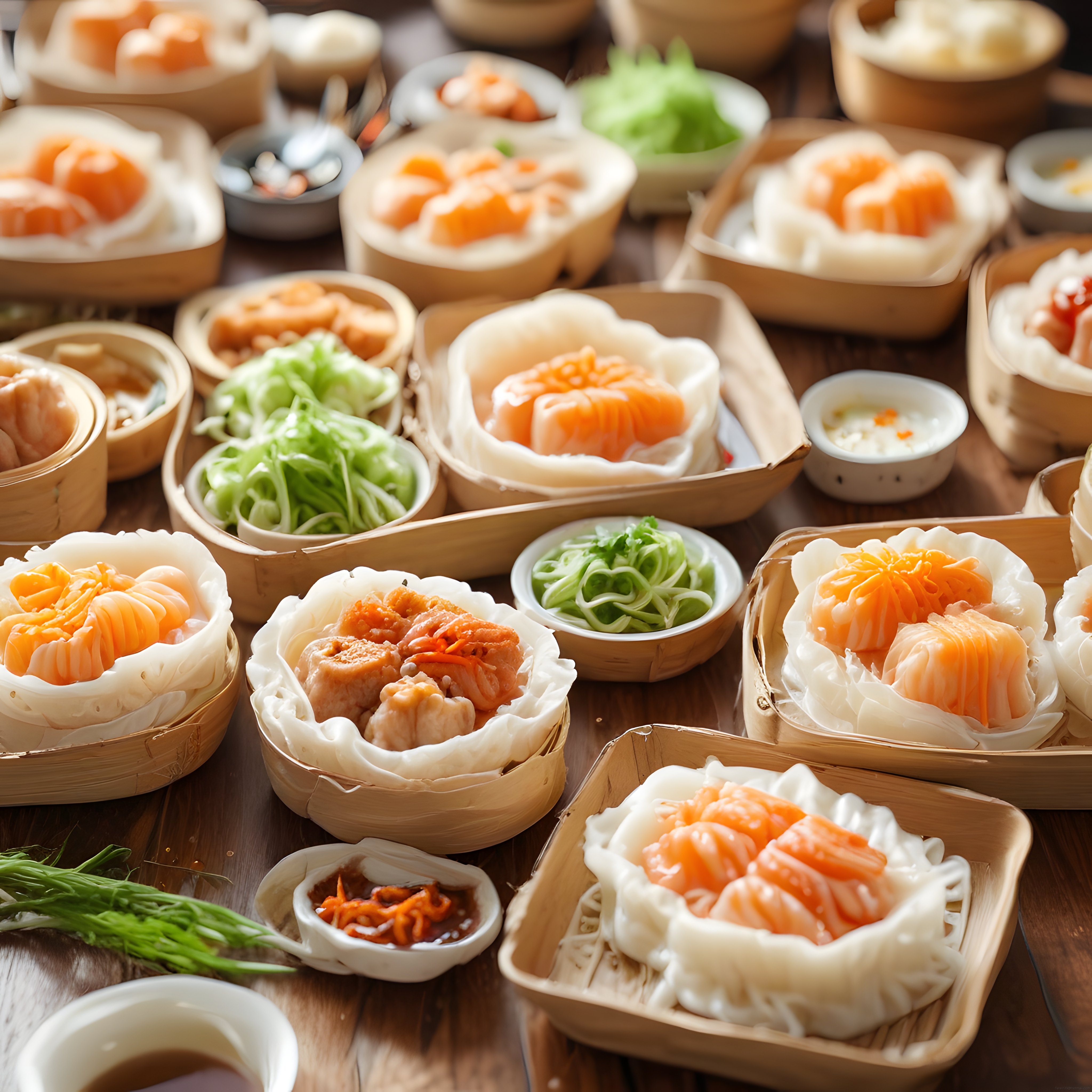 Bambu sepetlerde sunulan taze dim sum çeşitleri ve özel atıştırmalıklar