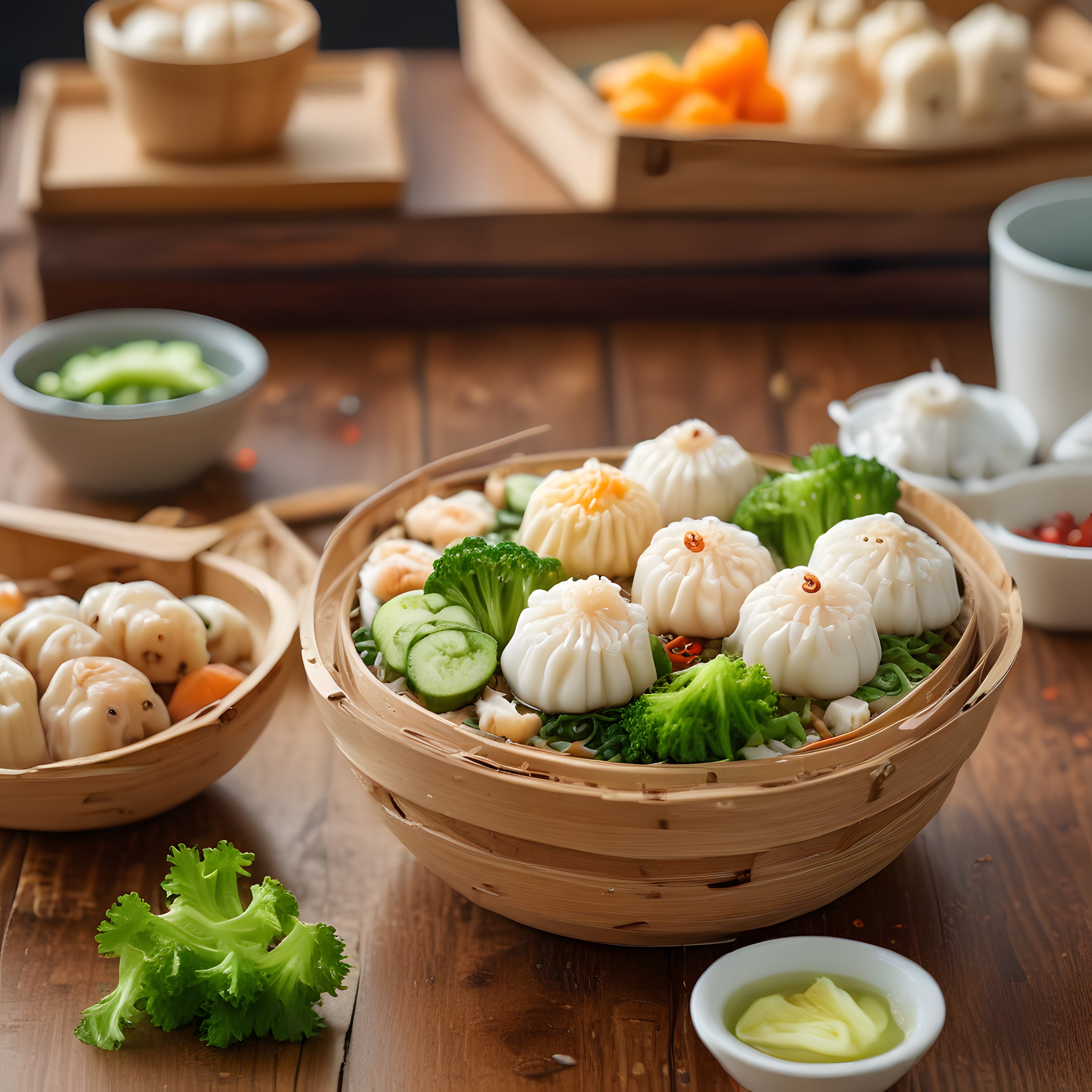 Bambu sepetlerde sunulan taze dim sum çeşitleri ve renkli sebzelerle süslü sofra