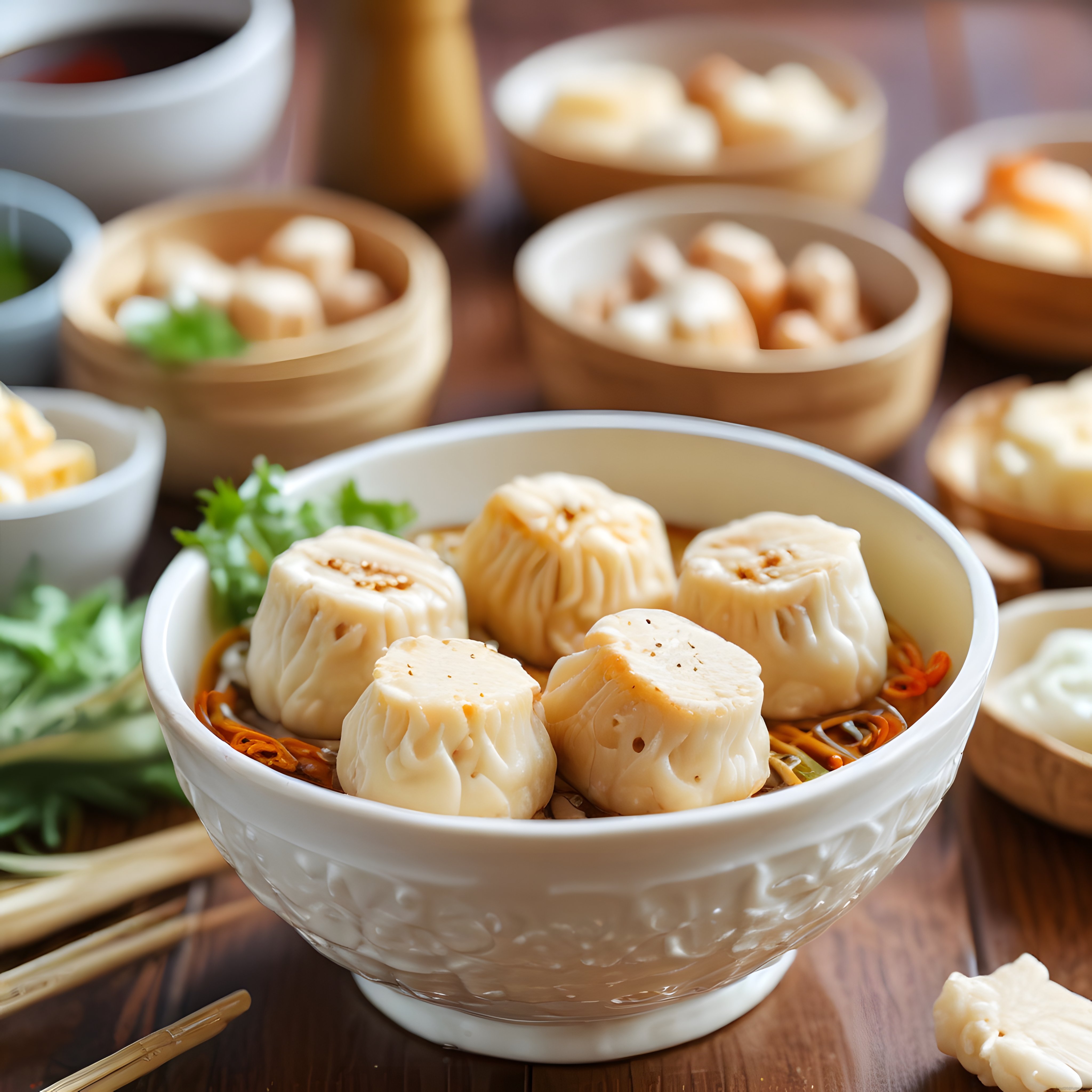 Bambu Sepetlerde Sunulan Taze Dim Sum Mantıları ve Asya Usulü Soslar