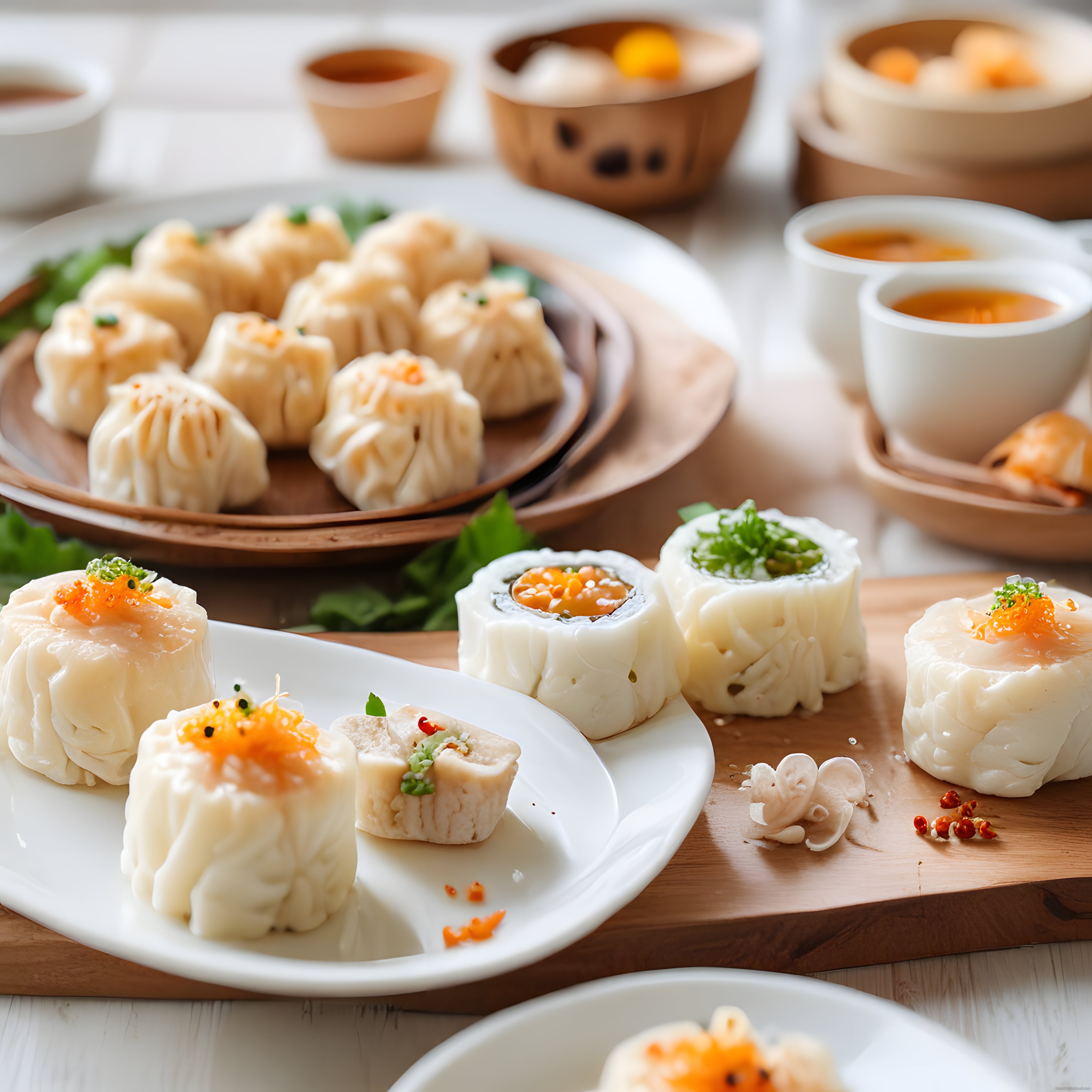 Bambu Sepetlerde Sunulan Taze Dim Sum ve Asya Mantısı Çeşitleri