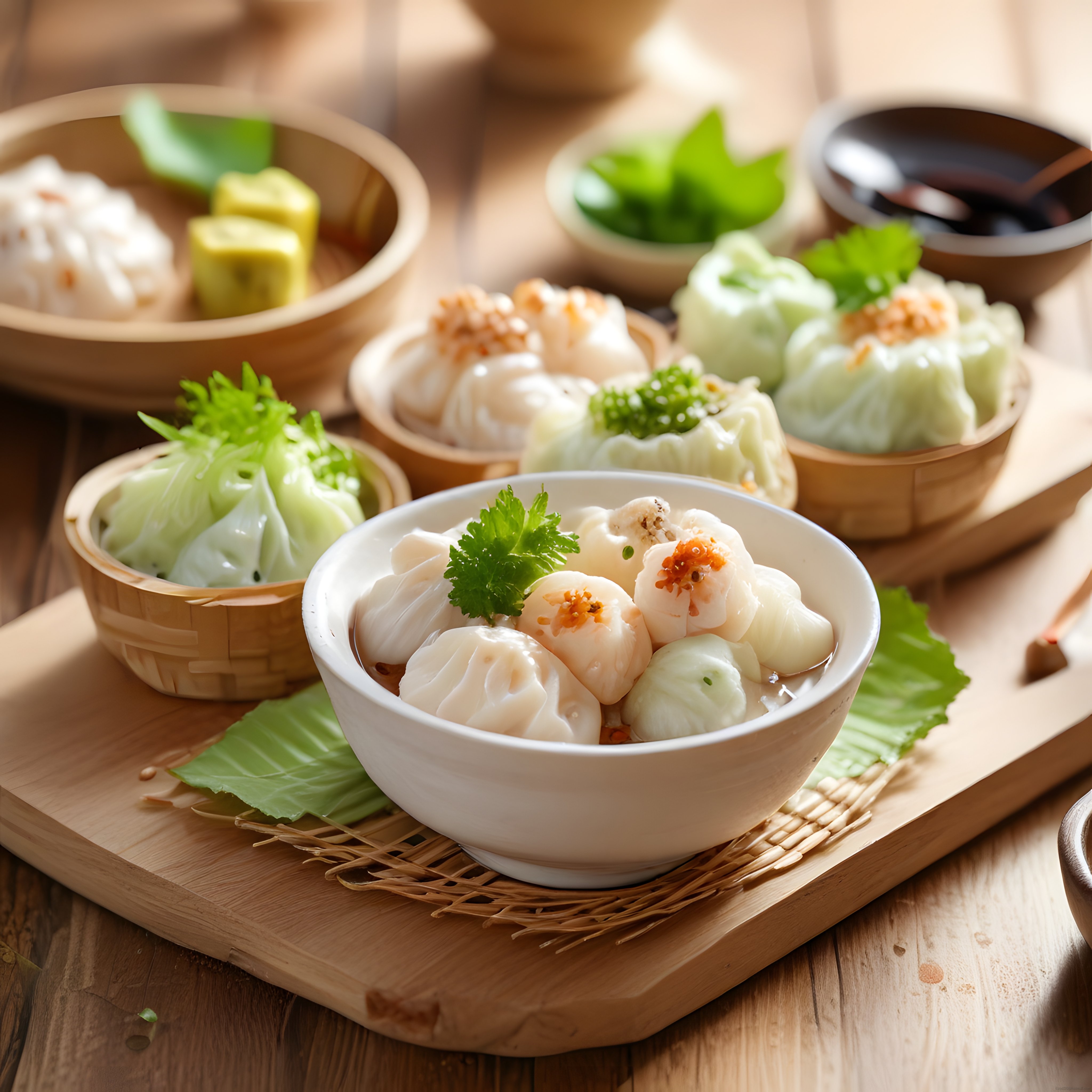 Bambu Sepetlerde Sunulan Taze Dim Sum ve Buharda Mantı Çeşitleri