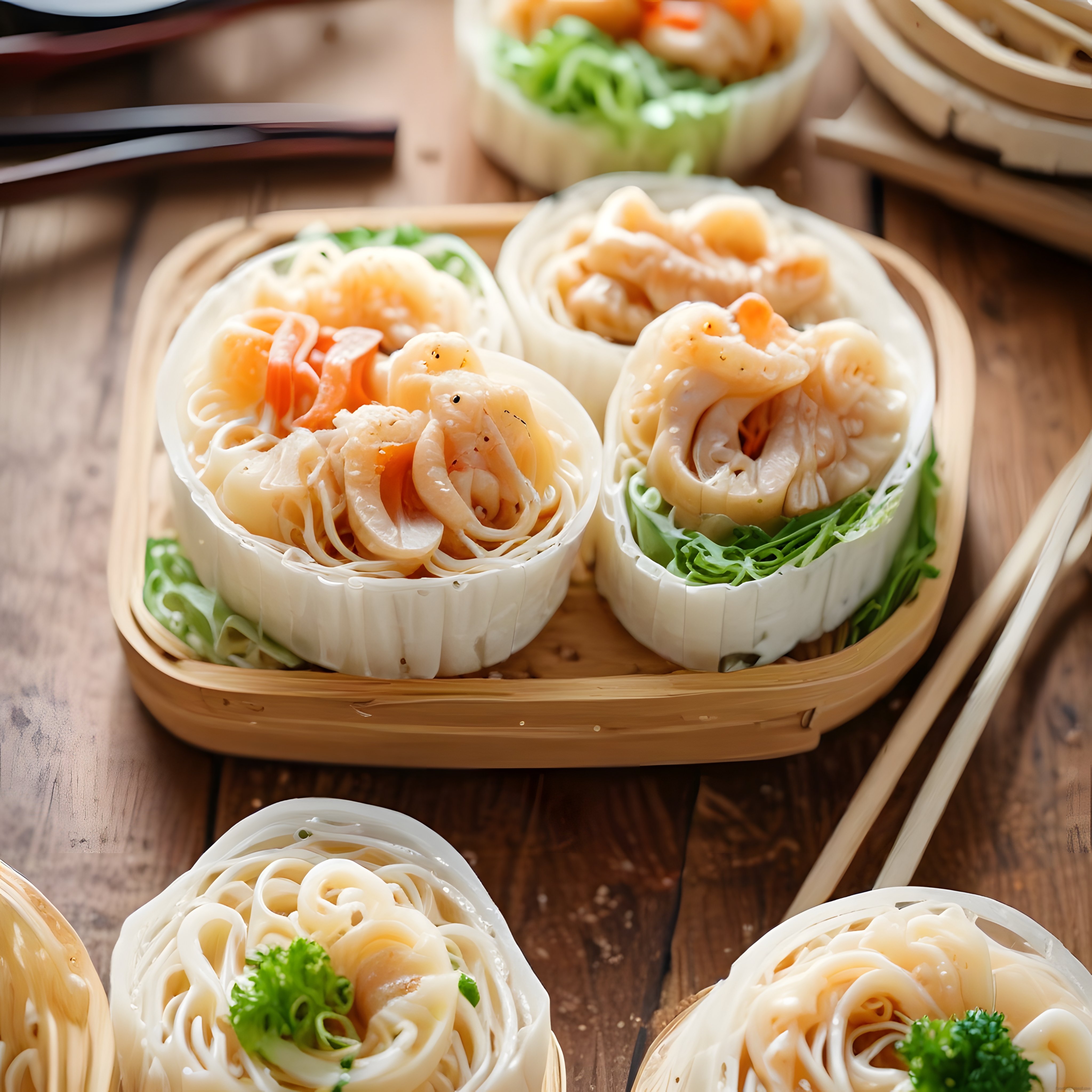 Bambu sepetlerde sunulan taze karidesli sushi ruloları ve asya mutfağı sunumu