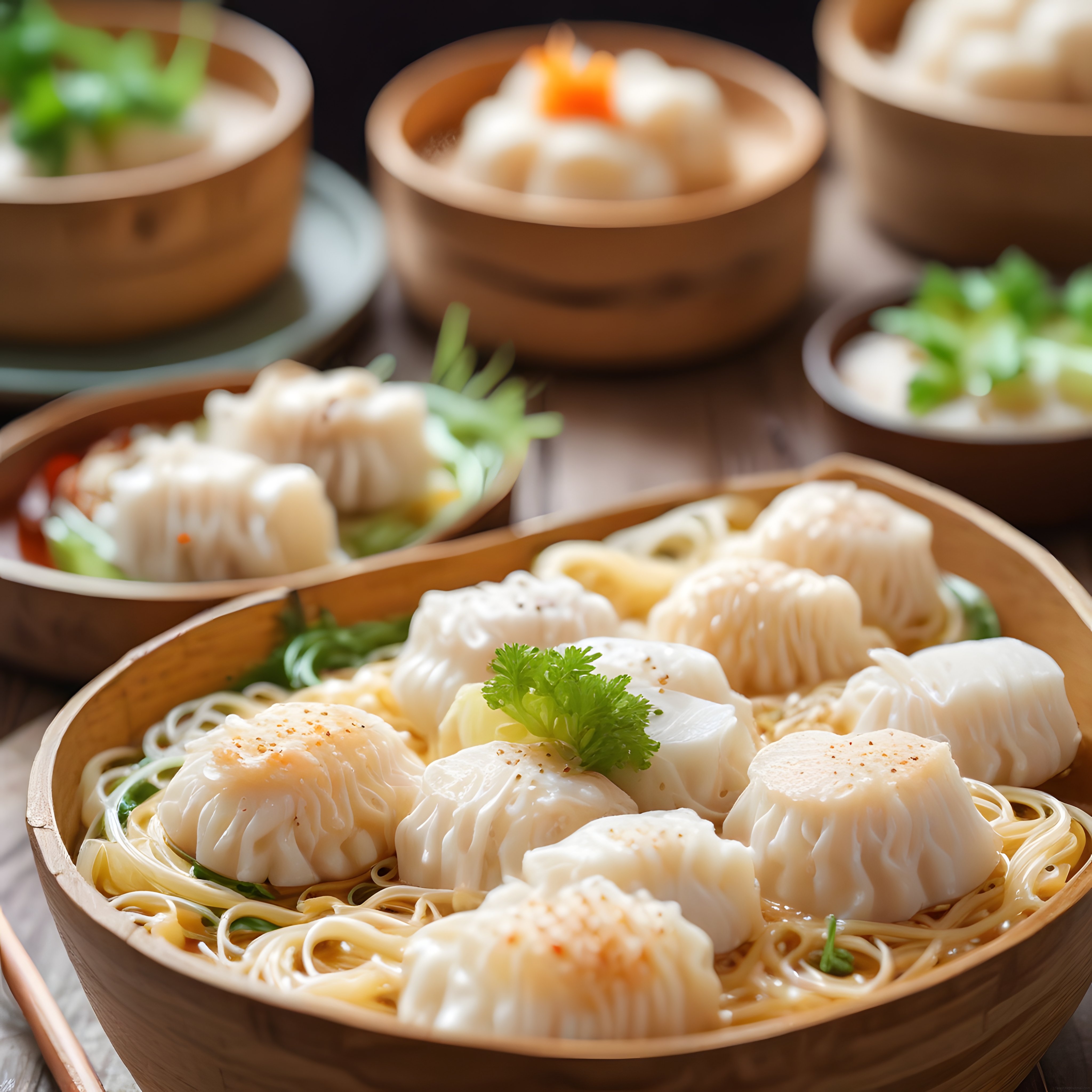 Bambu Sepetlerde Taze Dim Sum ve Özenle Hazırlanmış Asya Mantıları