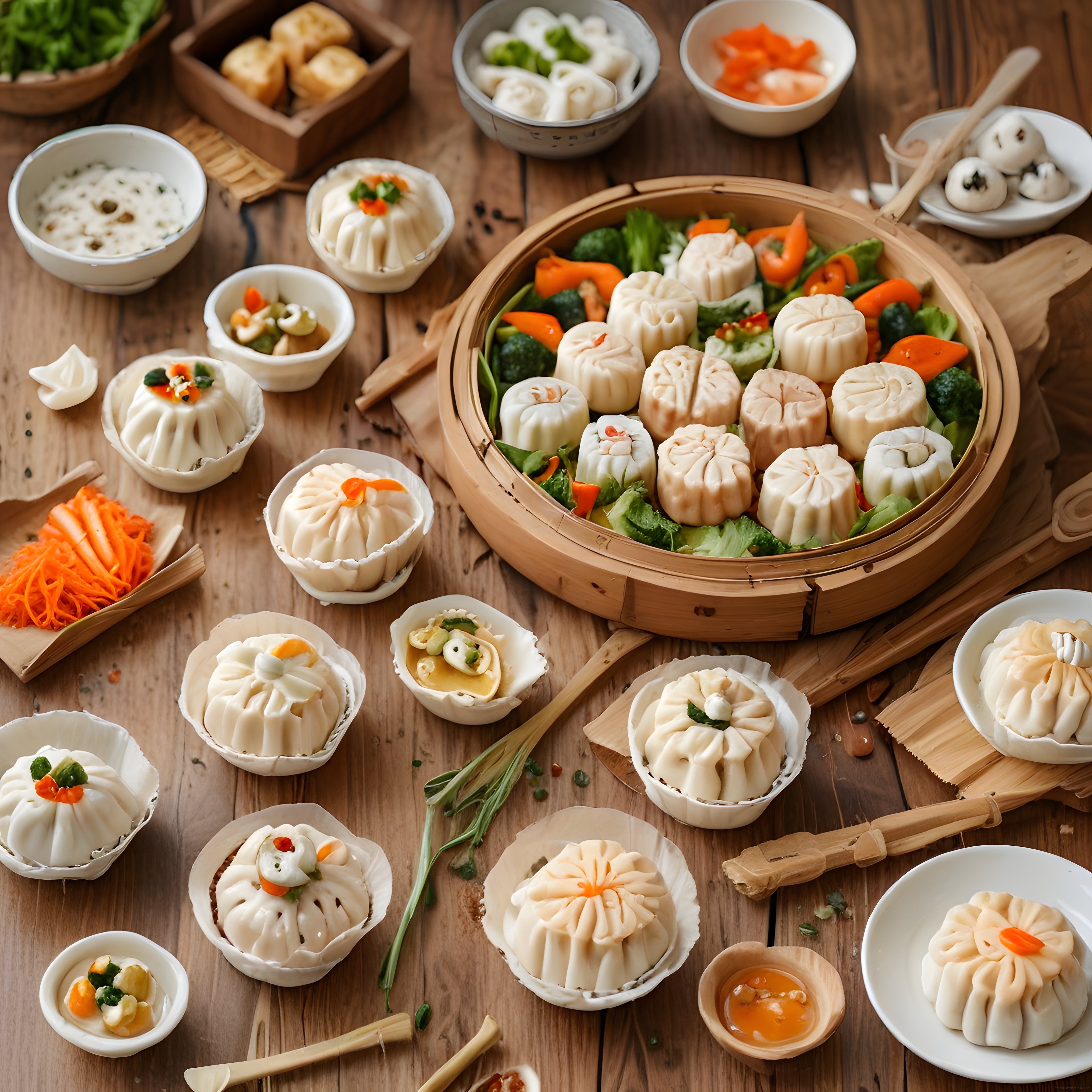 Bambu Sepette Buharda Pişirilmiş Çin Mantıları ve Dim Sum Çeşitleri