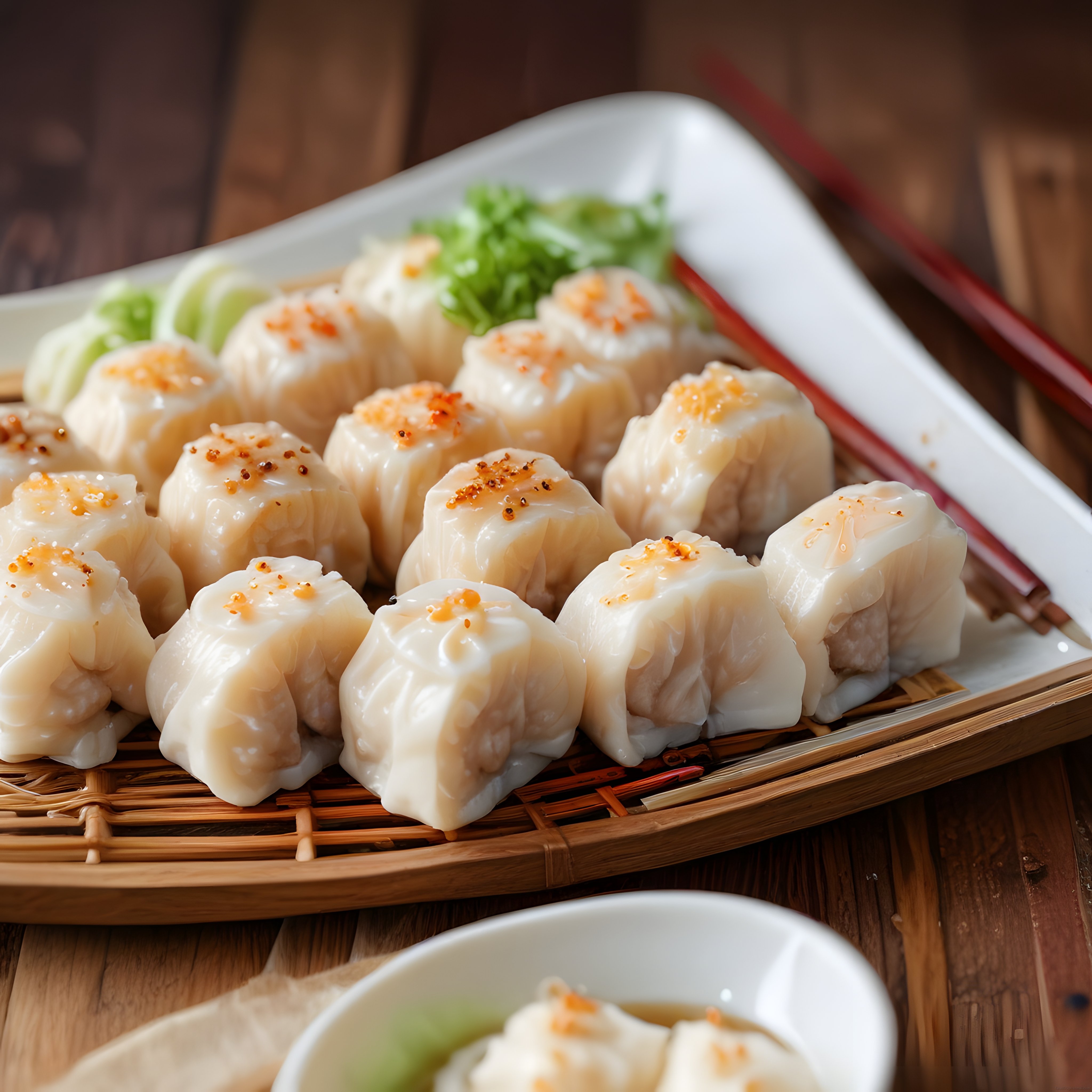 Bambu Sepette Buharda Pişirilmiş Çin Mantısı Dim Sum ve Sos Sunumu