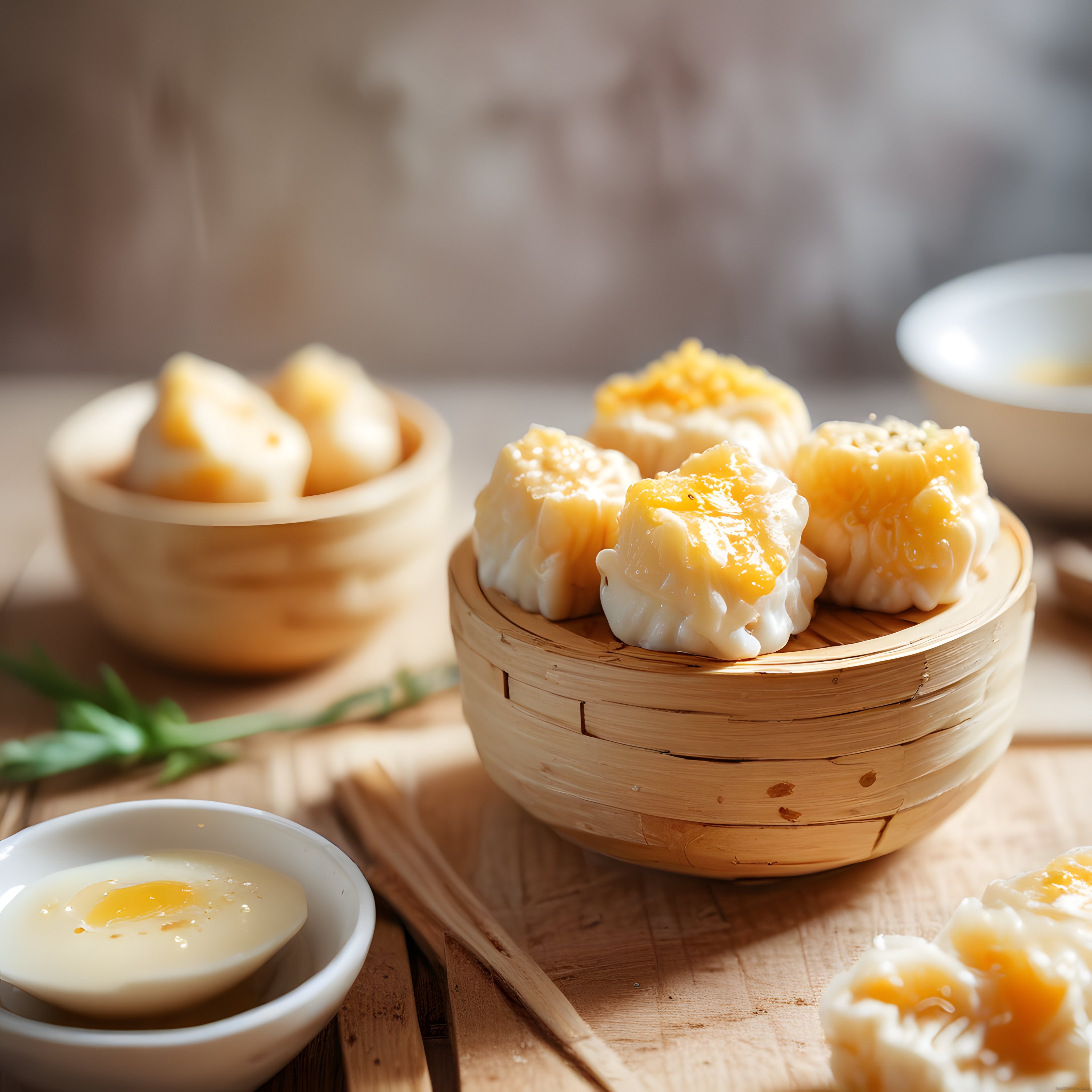 Bambu Sepette Buharda Pişirilmiş Taze Dim Sum ve Siomai Sunumu