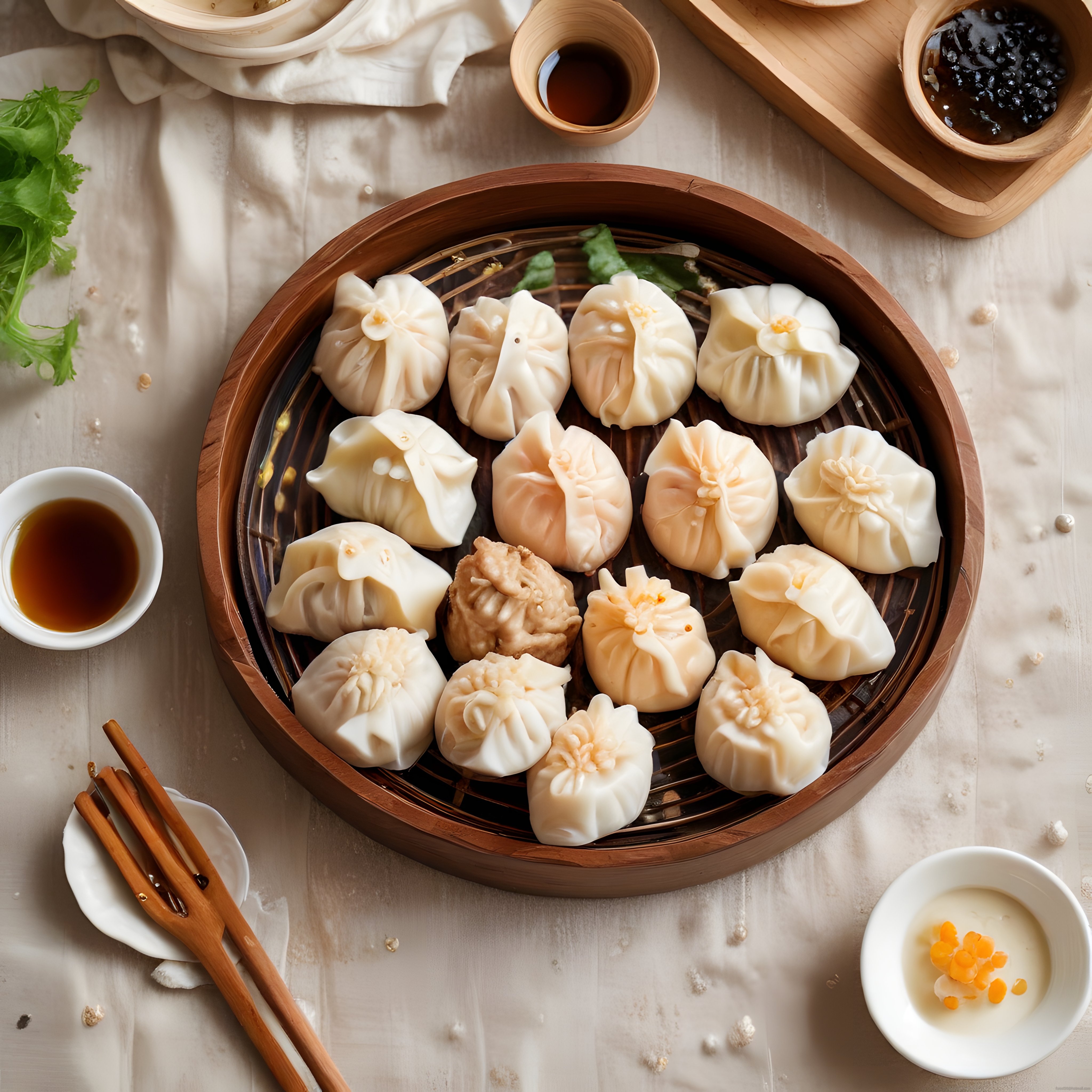 bambu sepette buharda pişmiş dim sum çeşitleri soya sos ve acı sos ile servis