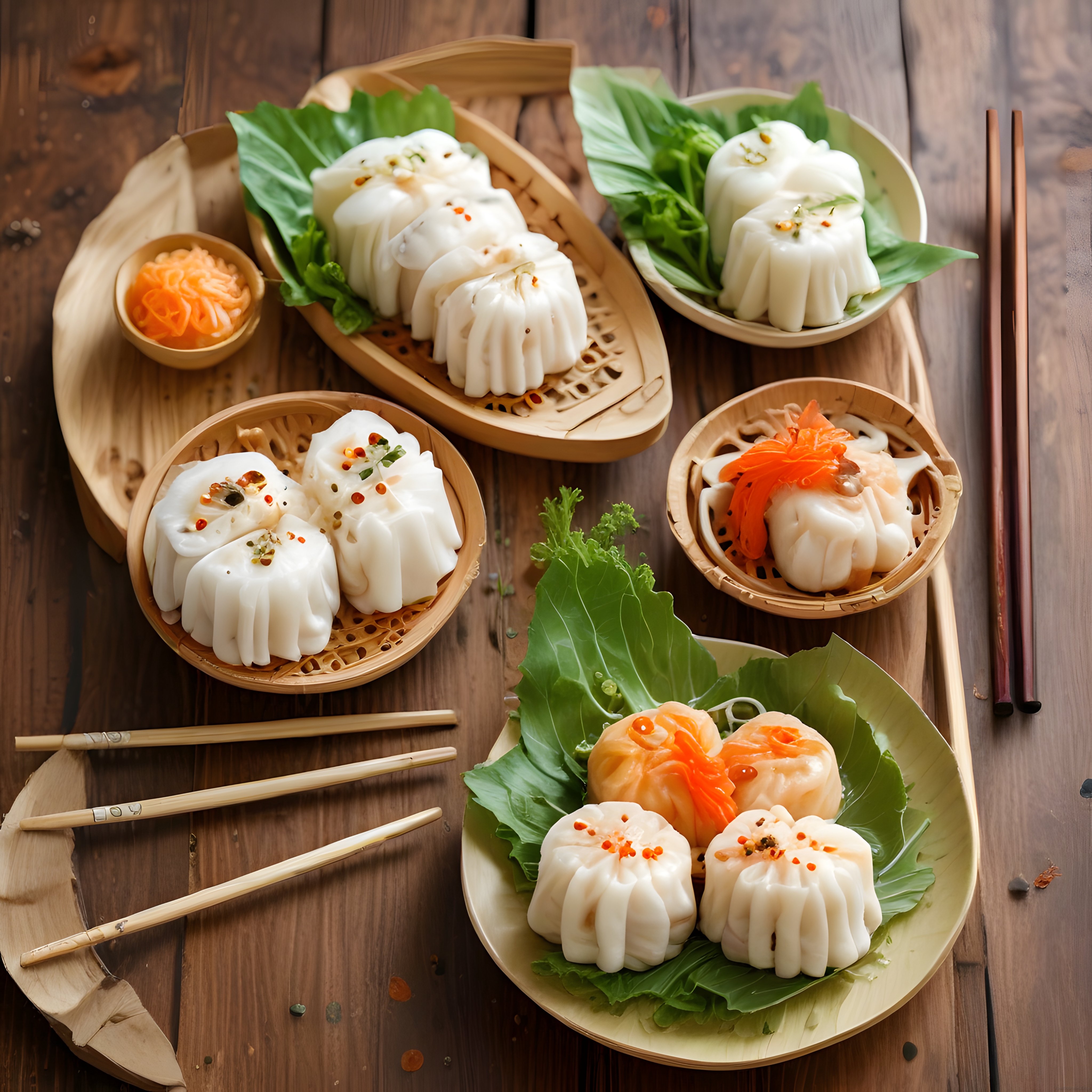 Bambu Sepette Buharda Pişmiş Dim Sum Çeşitleri ve Çin Mantısı Sunumu