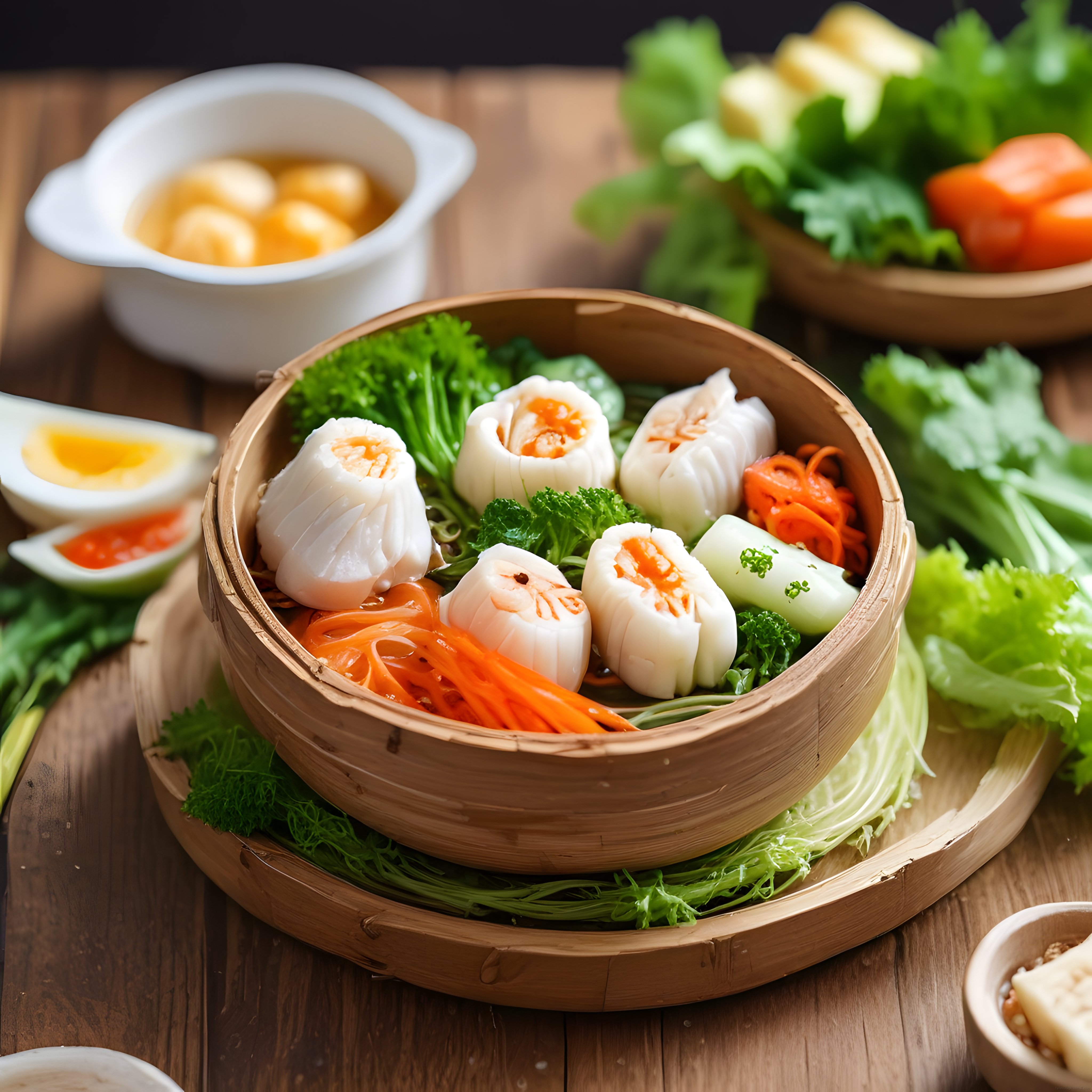 Bambu Sepette Buharda Pişmiş Dim Sum Mantısı ve Renkli Sebze Garnitürleri