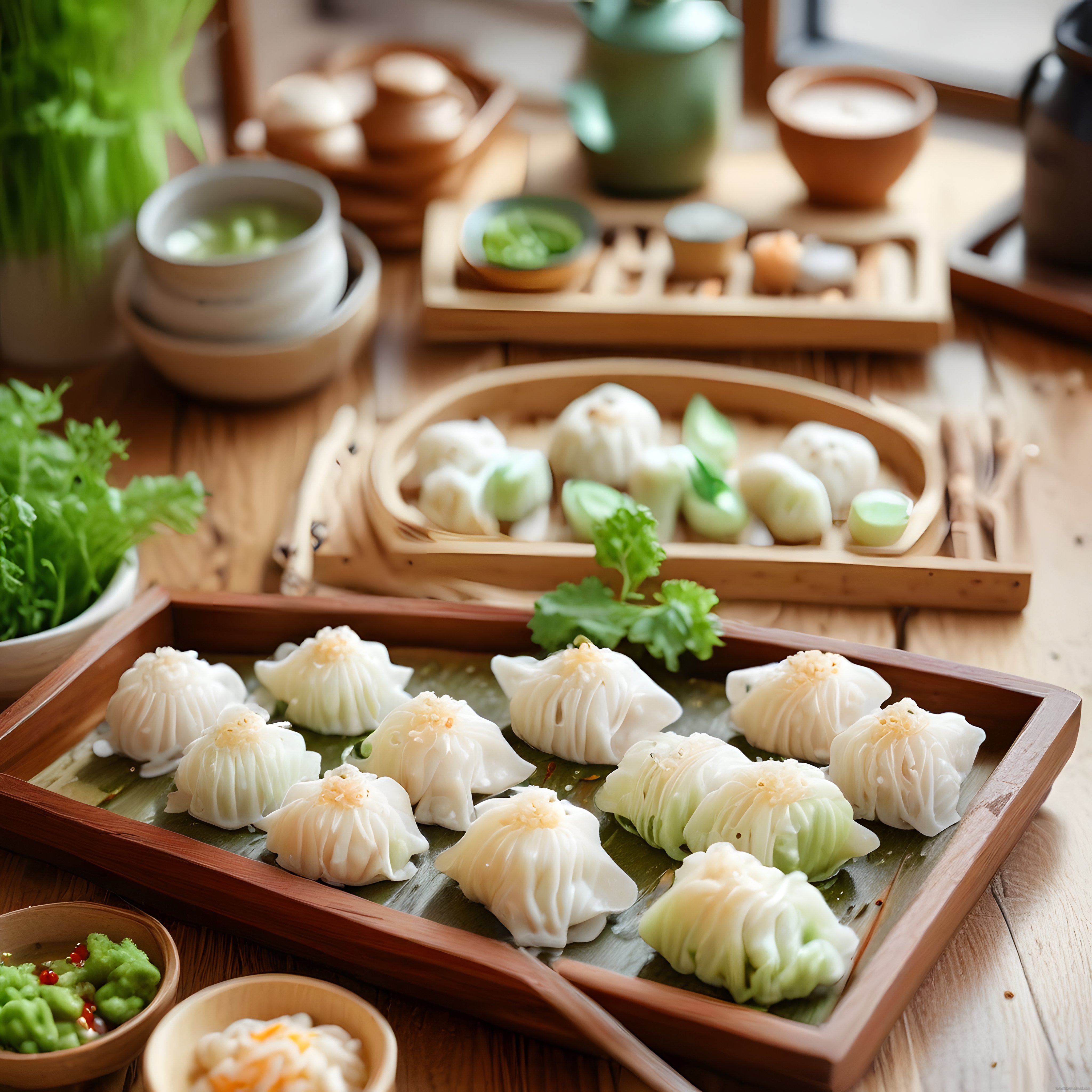 Bambu Sepette Buharda Pişmiş Dim Sum ve Asya Mantı Çeşitleri Sunumu