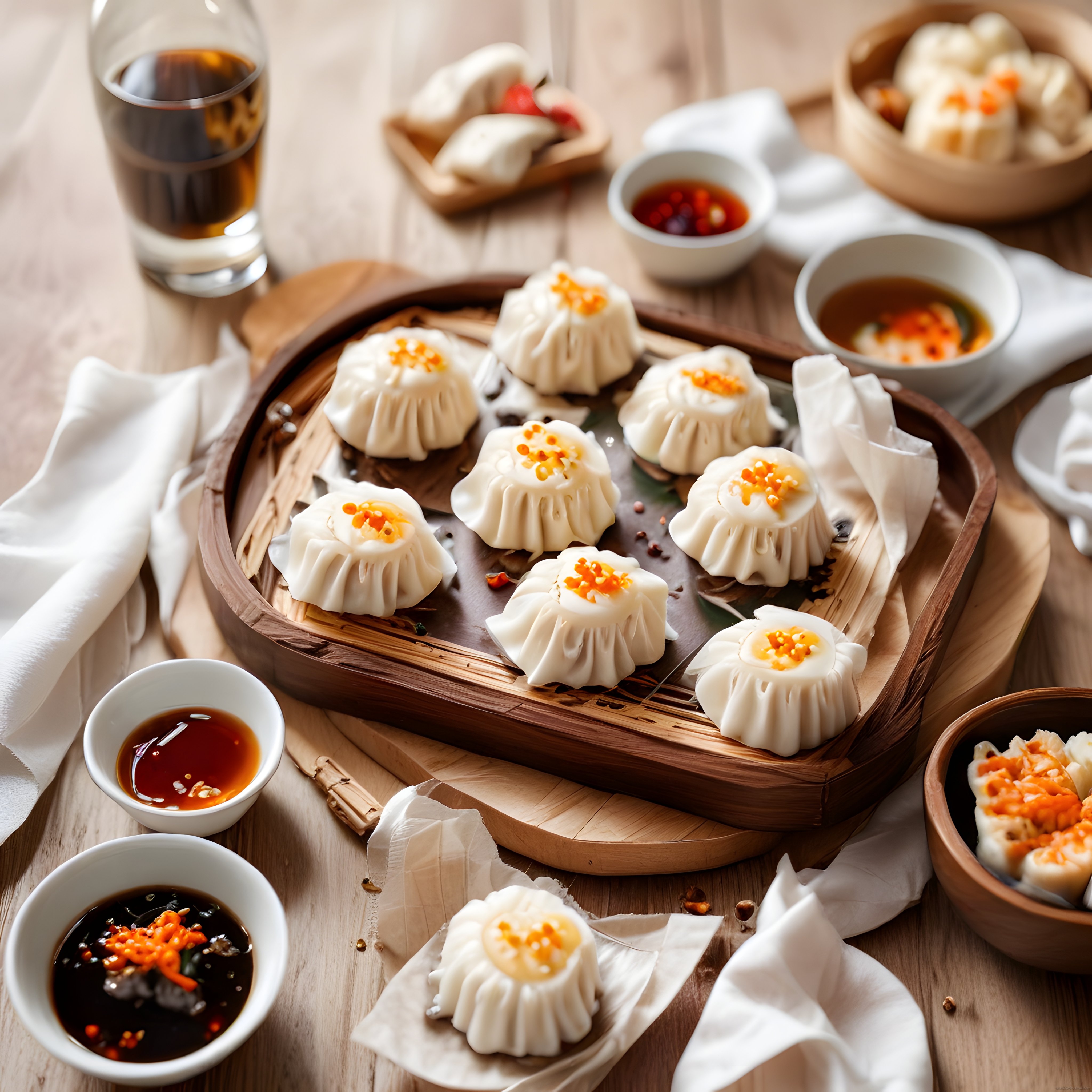Bambu Sepette Buharda Pişmiş Shumai Mantıları ve Baharatlı Sos Sunumu