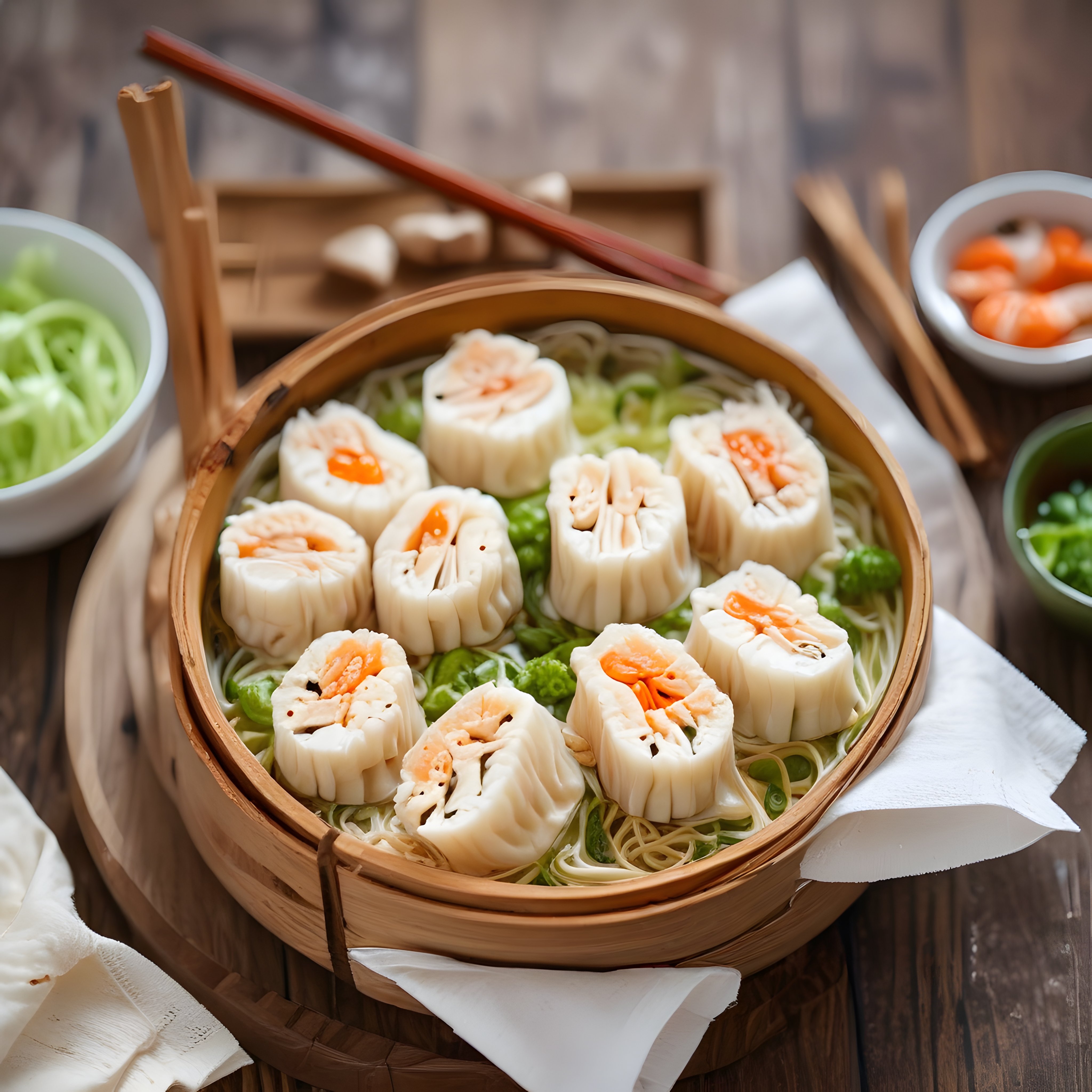 Bambu Sepette Buharlanmış Dim Sum Mantıları, Taze Sebzeler ve Asya Sunumu