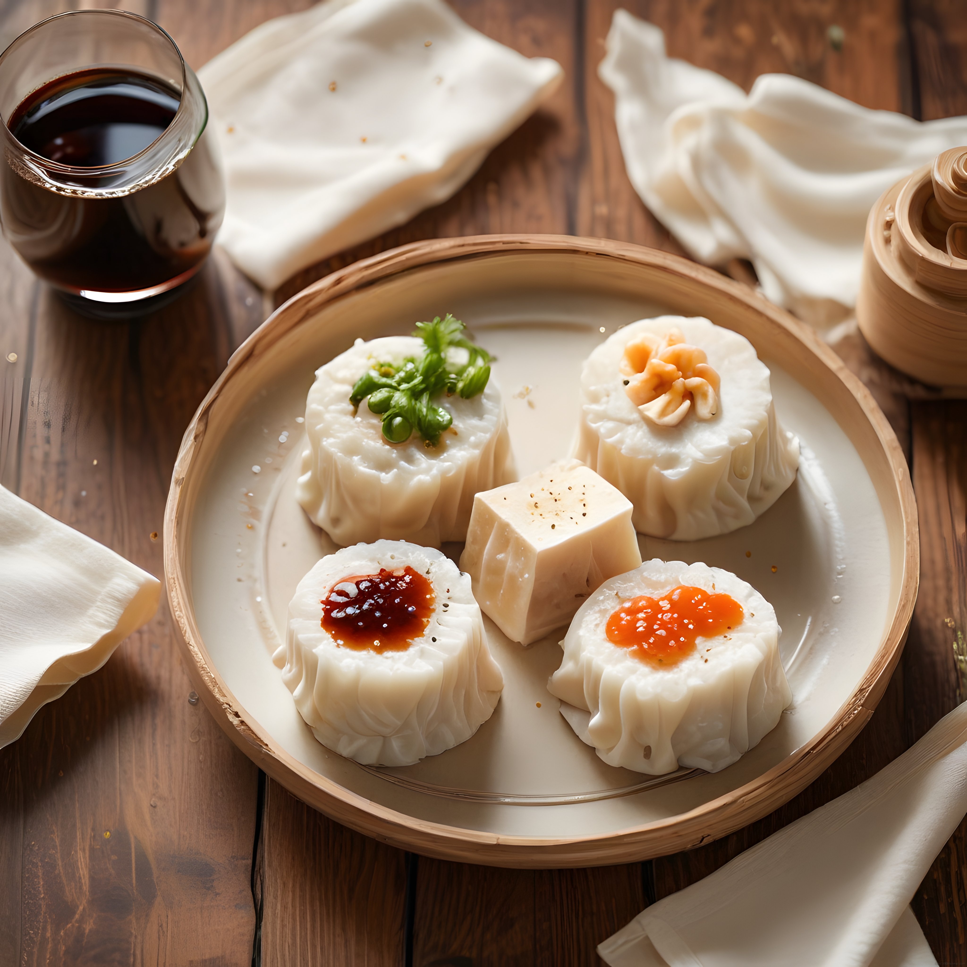 Bambu Sepette Çeşitli Soslu Dim Sum Mantıları ve Tofu ile Şık Sunum