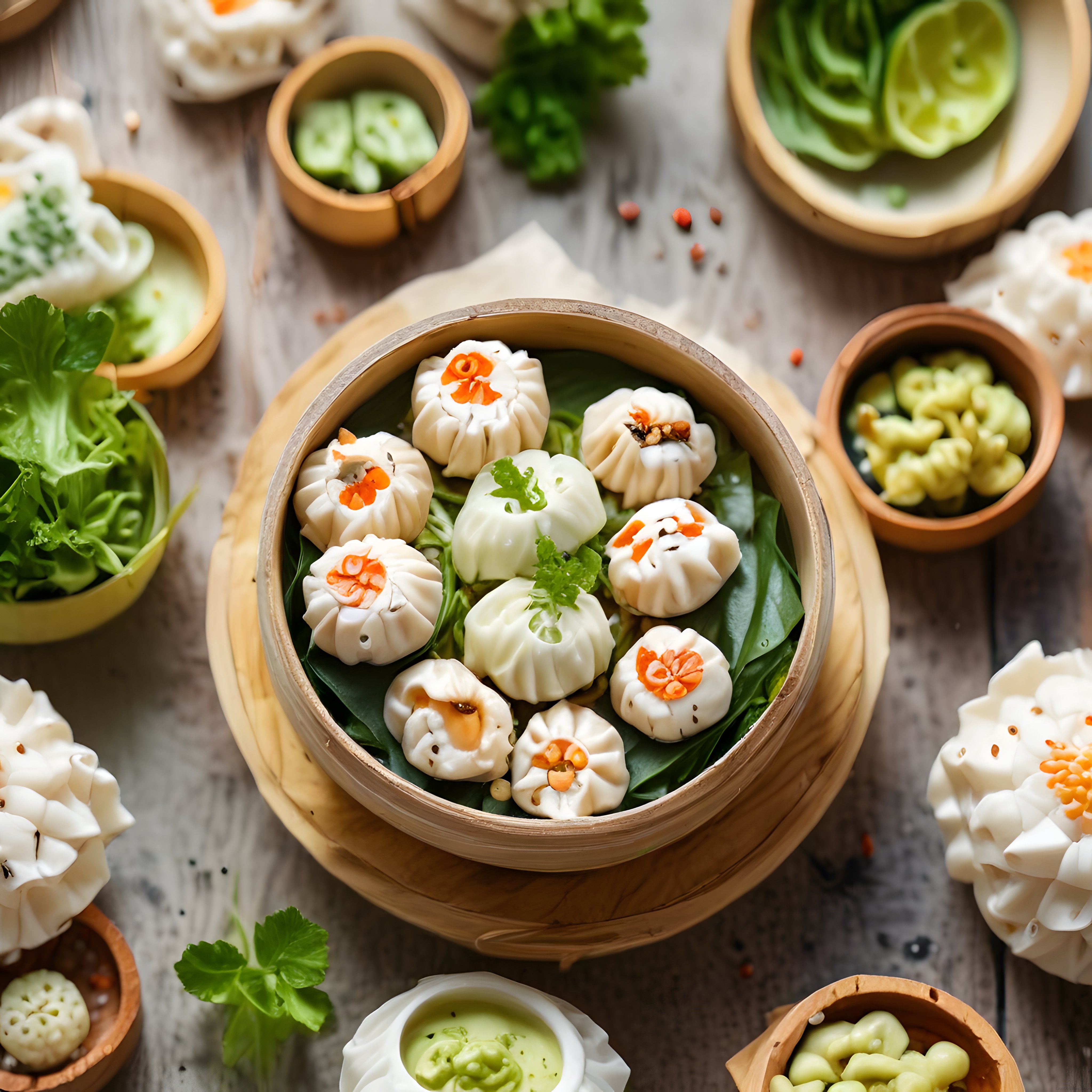 Bambu Sepette Çiçek Şeklinde Dim Sum ve Asya Mantı Çeşitleri Sunumu