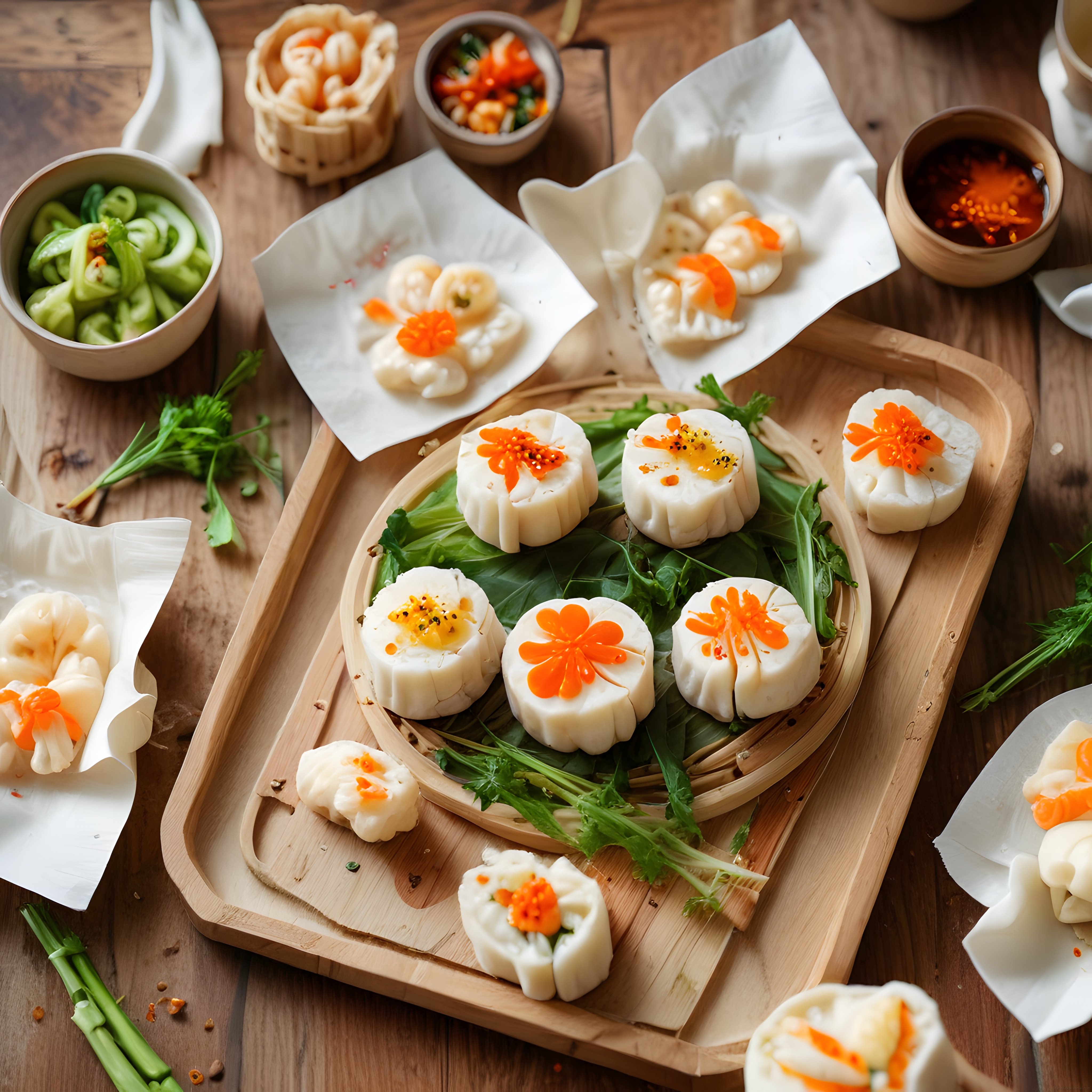 Bambu sepette çiçek şeklinde süslenmiş ev yapımı dim sum ve asya mutfağı