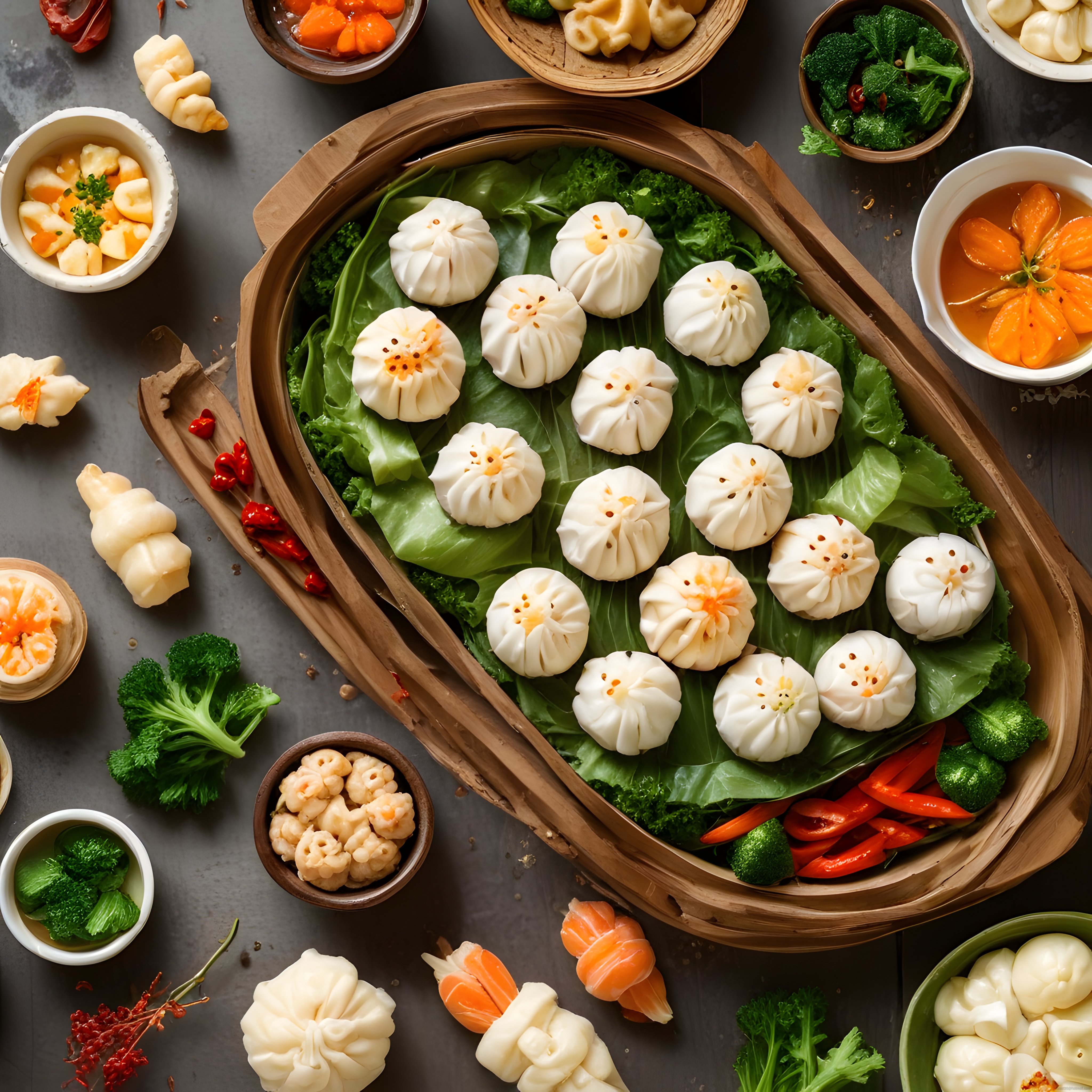 Bambu Sepette Dim Sum ve Asya Usulü Taze Buharda Pişmiş Mantı Sunumu