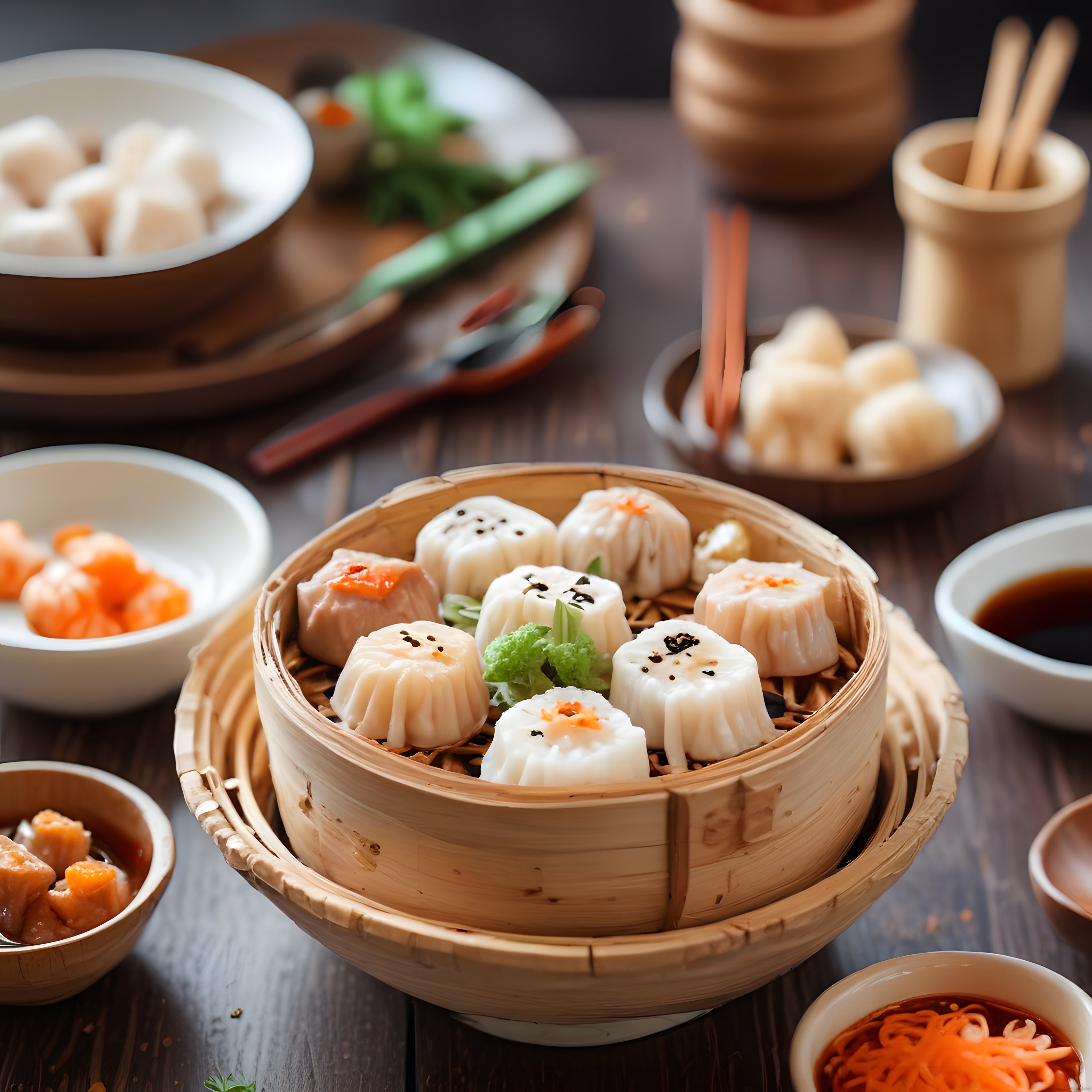 Bambu Sepette Geleneksel Çin Dim Sum Sunumu ve Uzak Doğu Lezzetleri