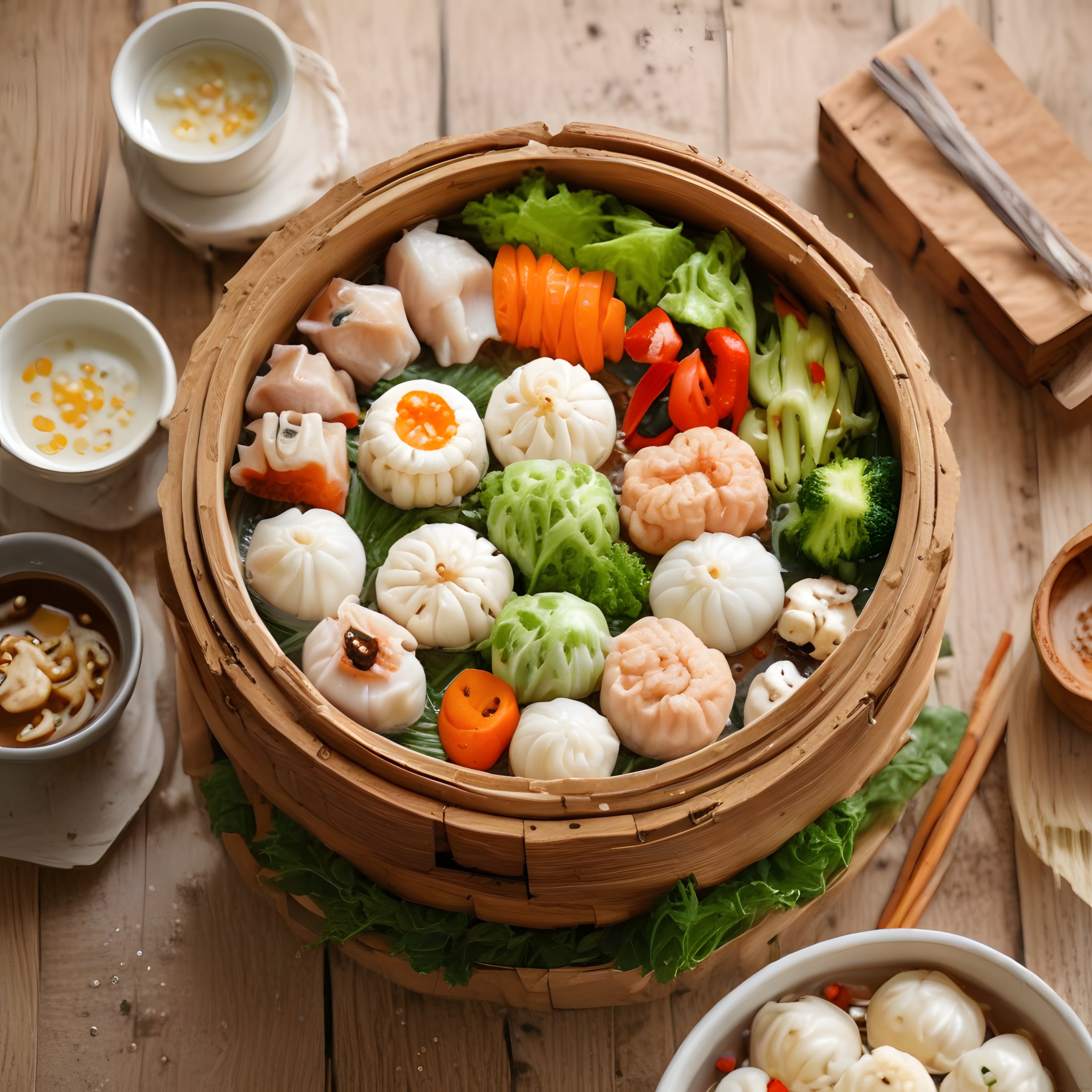 Bambu Sepette Renkli Dim Sum Çeşitleri: Asya Mutfağından Buharda Mantı Sunumu