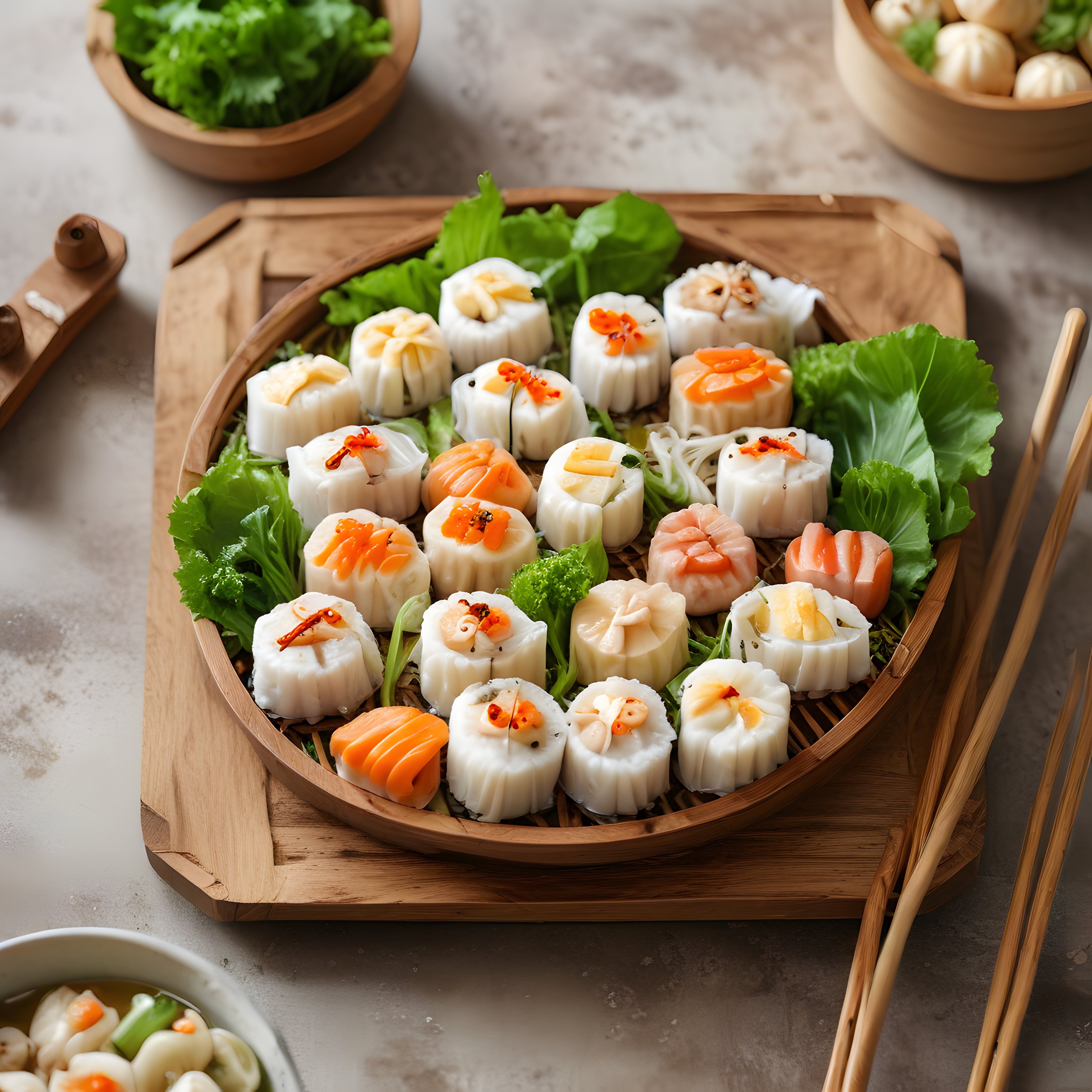 Bambu Sepette Renkli Dim Sum Çeşitleri: Geleneksel Asya Buharda Mantı Sunumu
