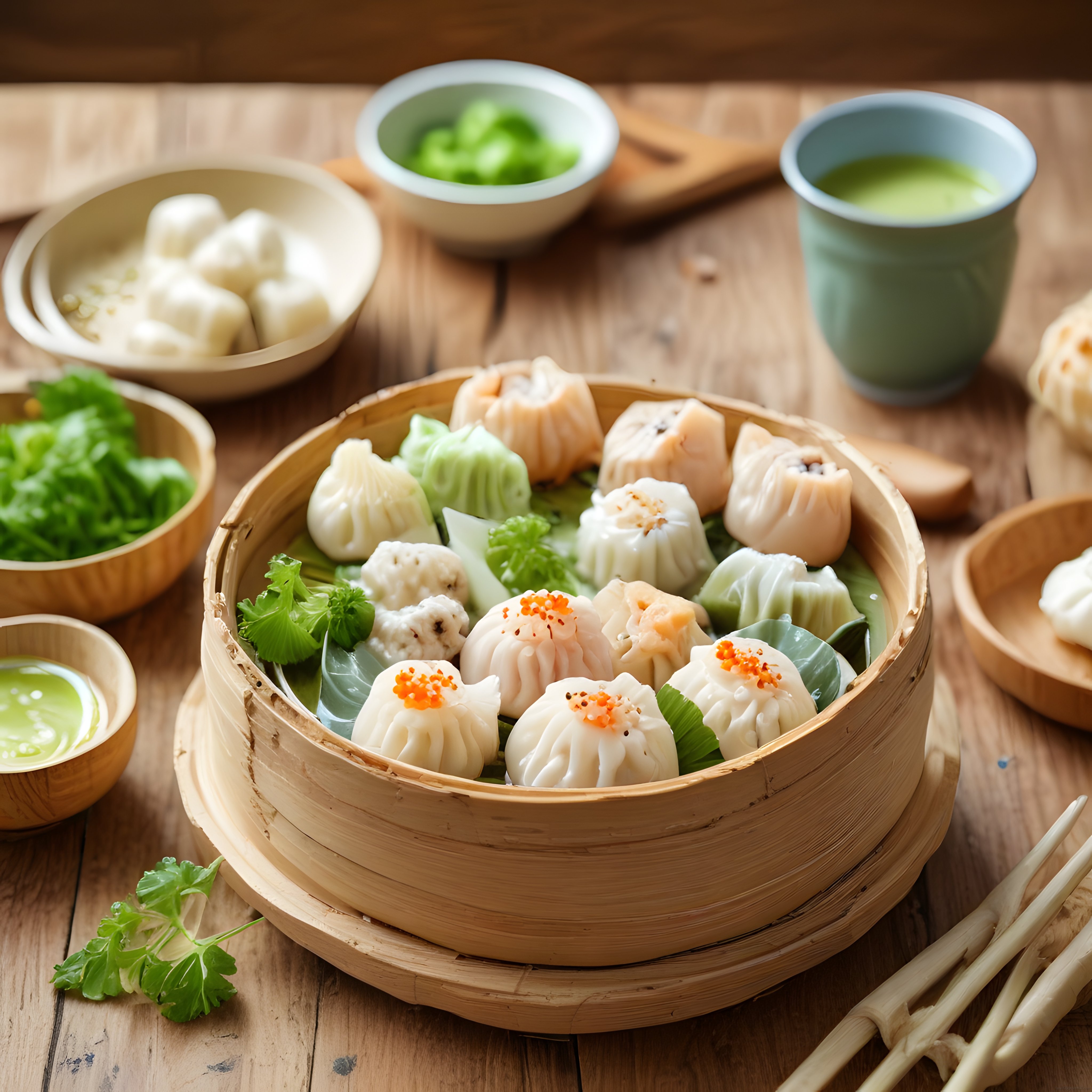 Bambu Sepette Renkli Dim Sum Çeşitleri ve Yeşil Çay Eşliğinde Asya Lezzetleri