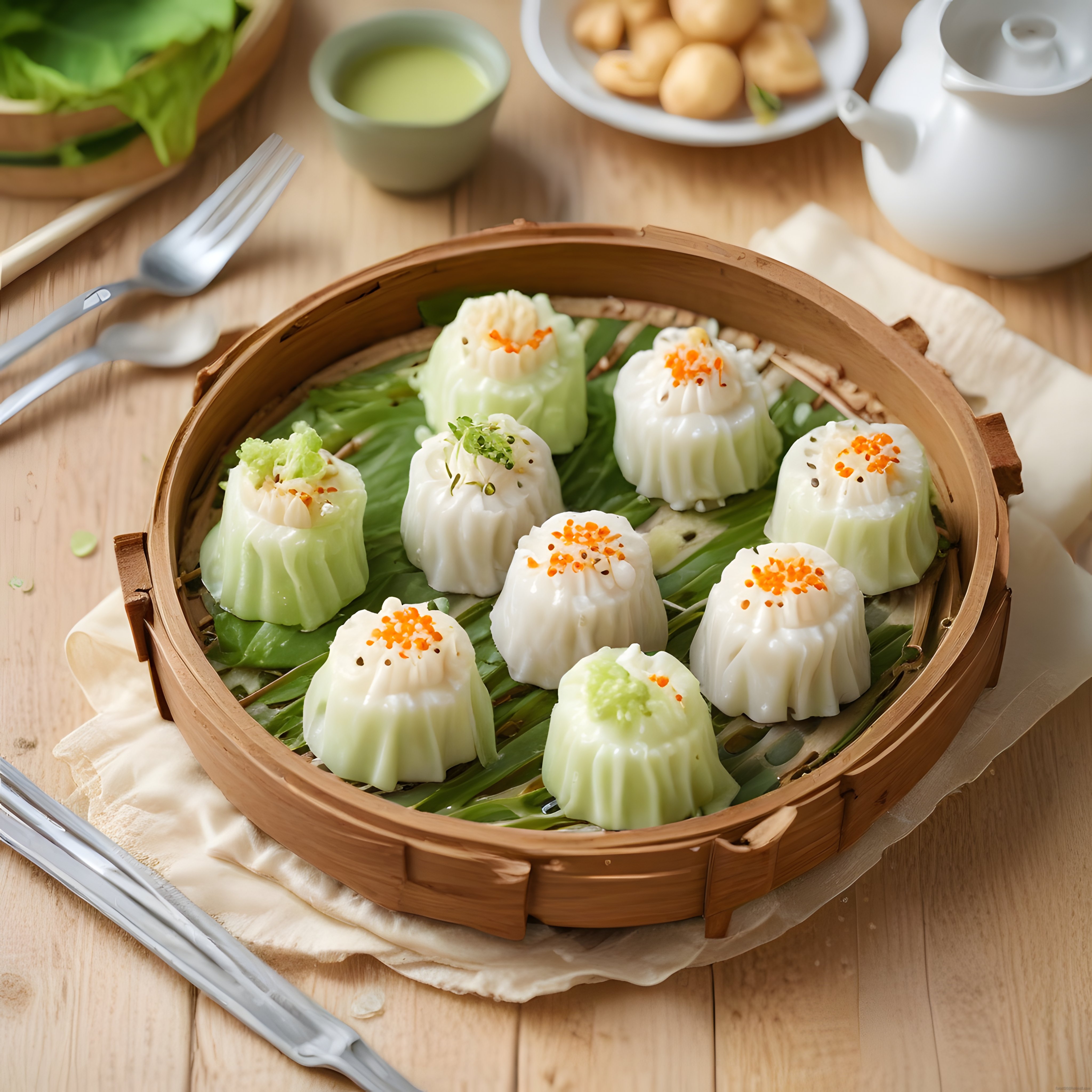 Bambu Sepette Renkli Dim Sum Mantıları ve Yeşil Çay Eşliğinde Asya Lezzeti