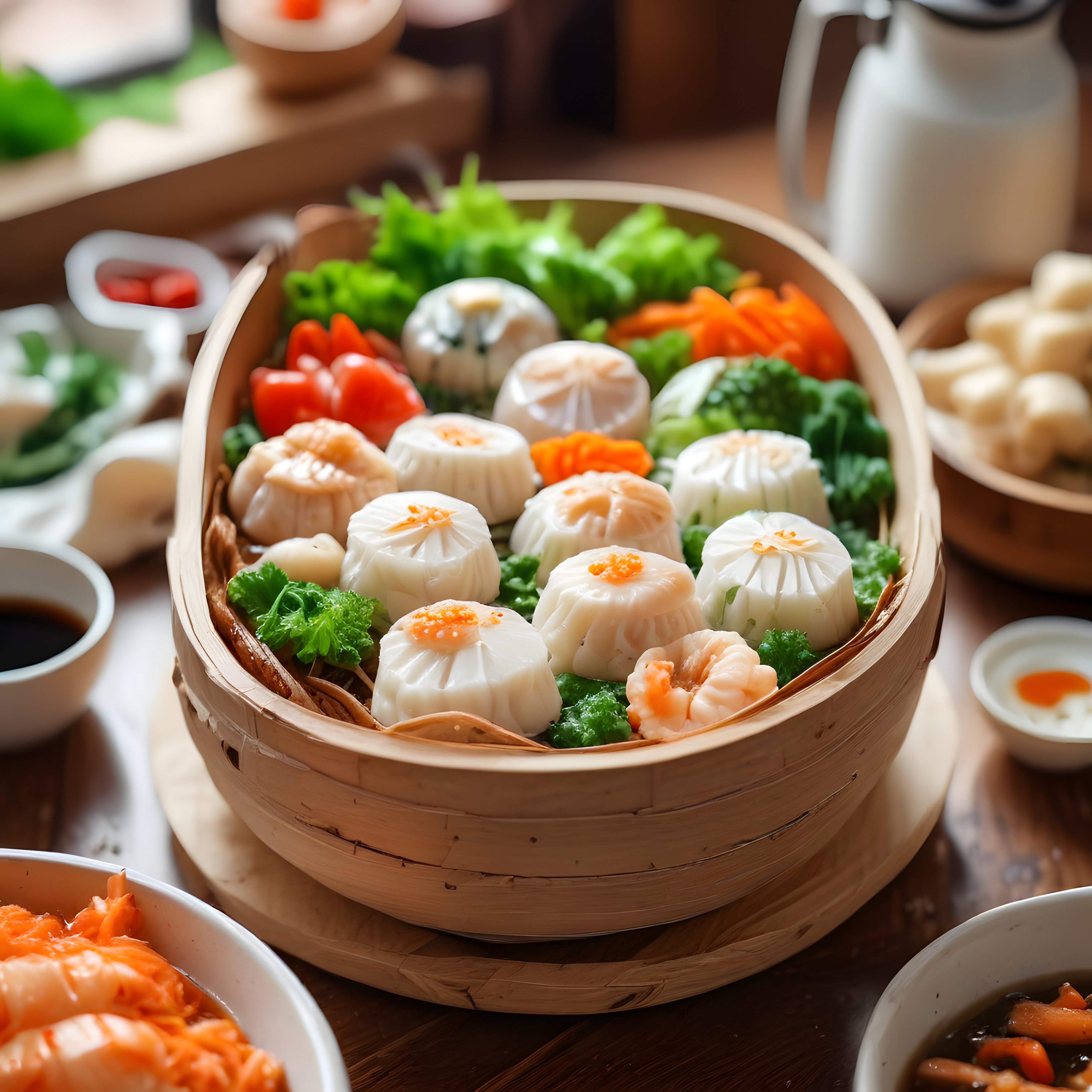 Bambu Sepette Taze Dim Sum ve Buharda Pişirilmiş Çin Mantıları Sunumu