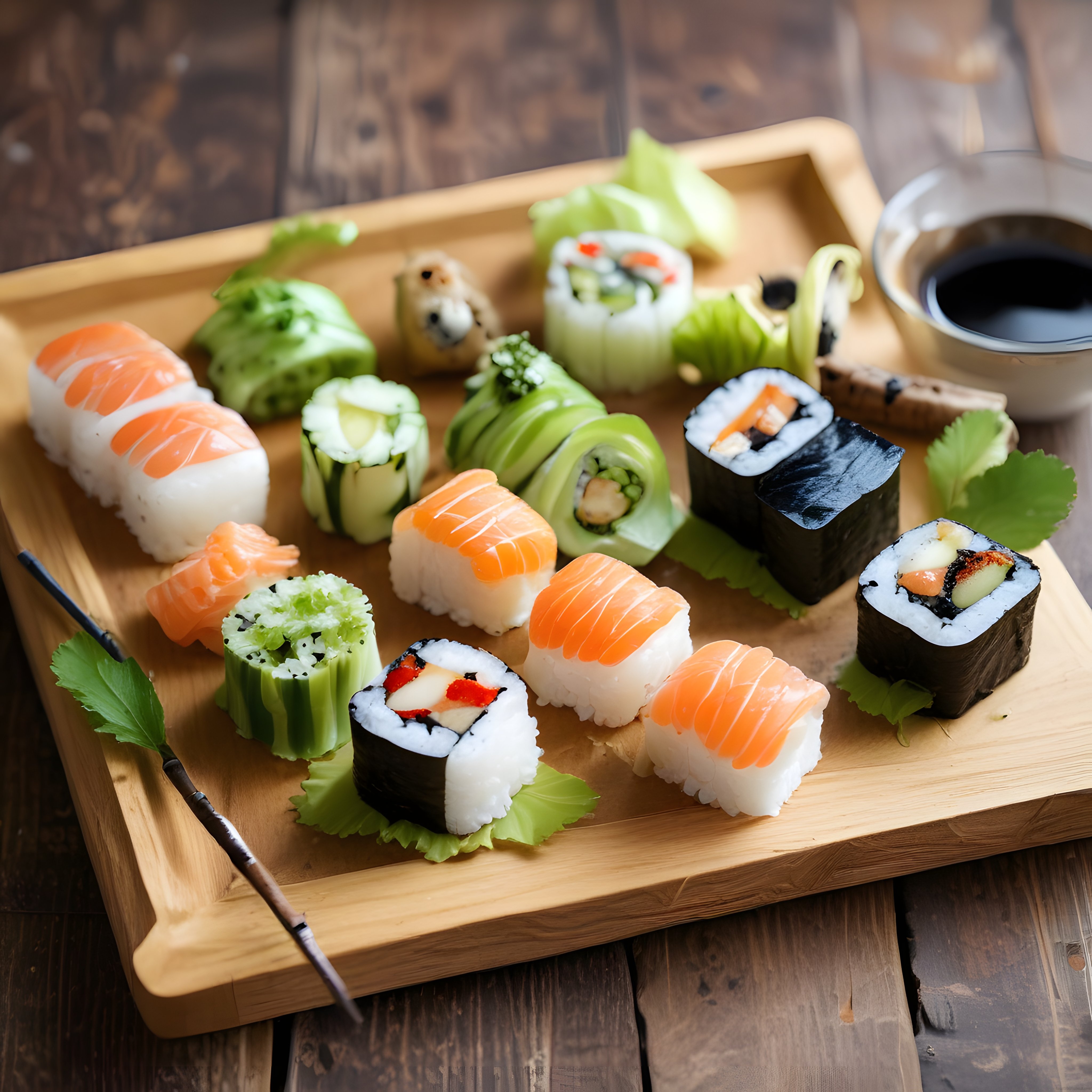 Bambu Sunum Tahtası Üzerinde Somon Nigiri ve Çeşitli Sushi Ruloları