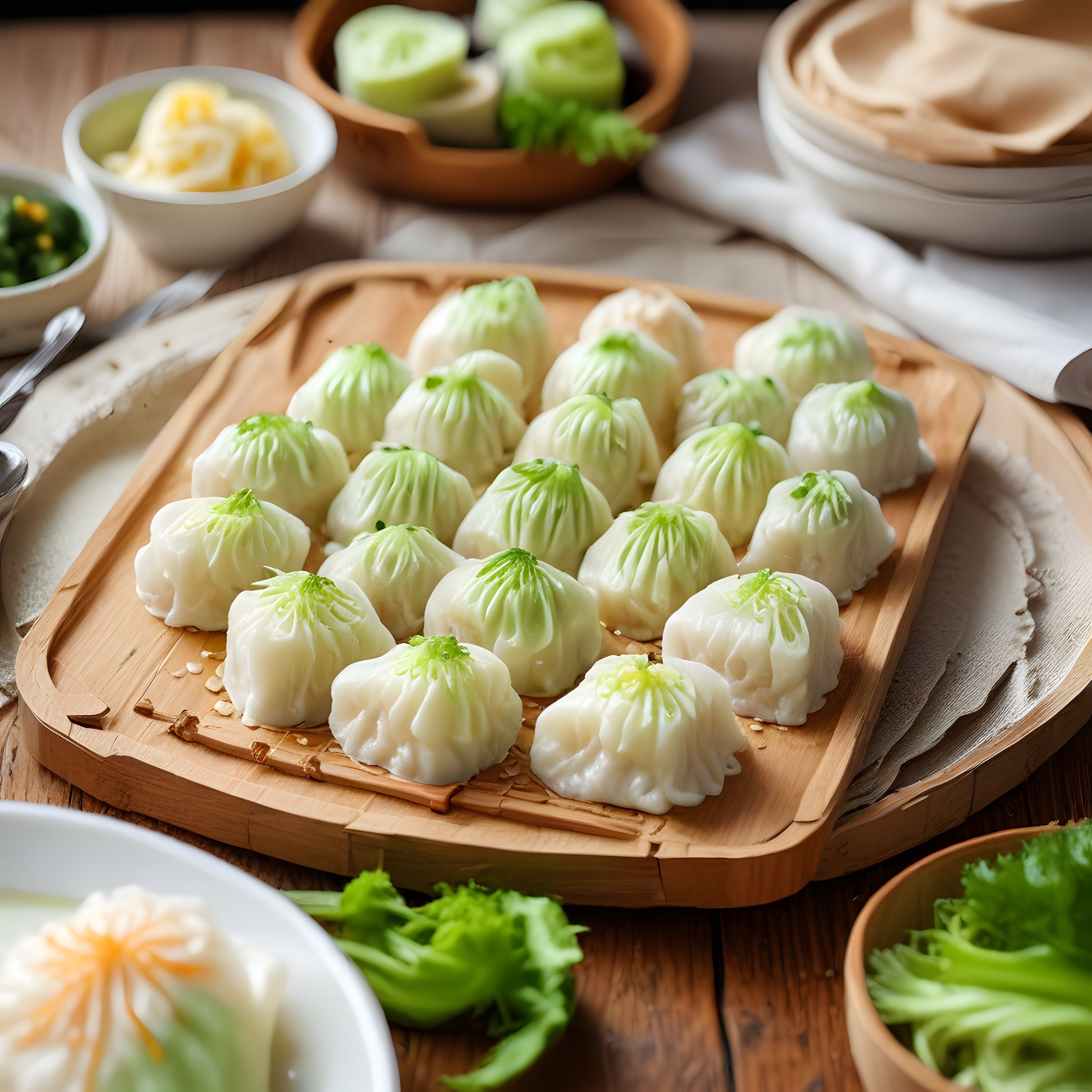 Bambu Tepsi Üzerinde Buharda Pişirilmiş Çin Mantısı ve Dim Sum Sunumu