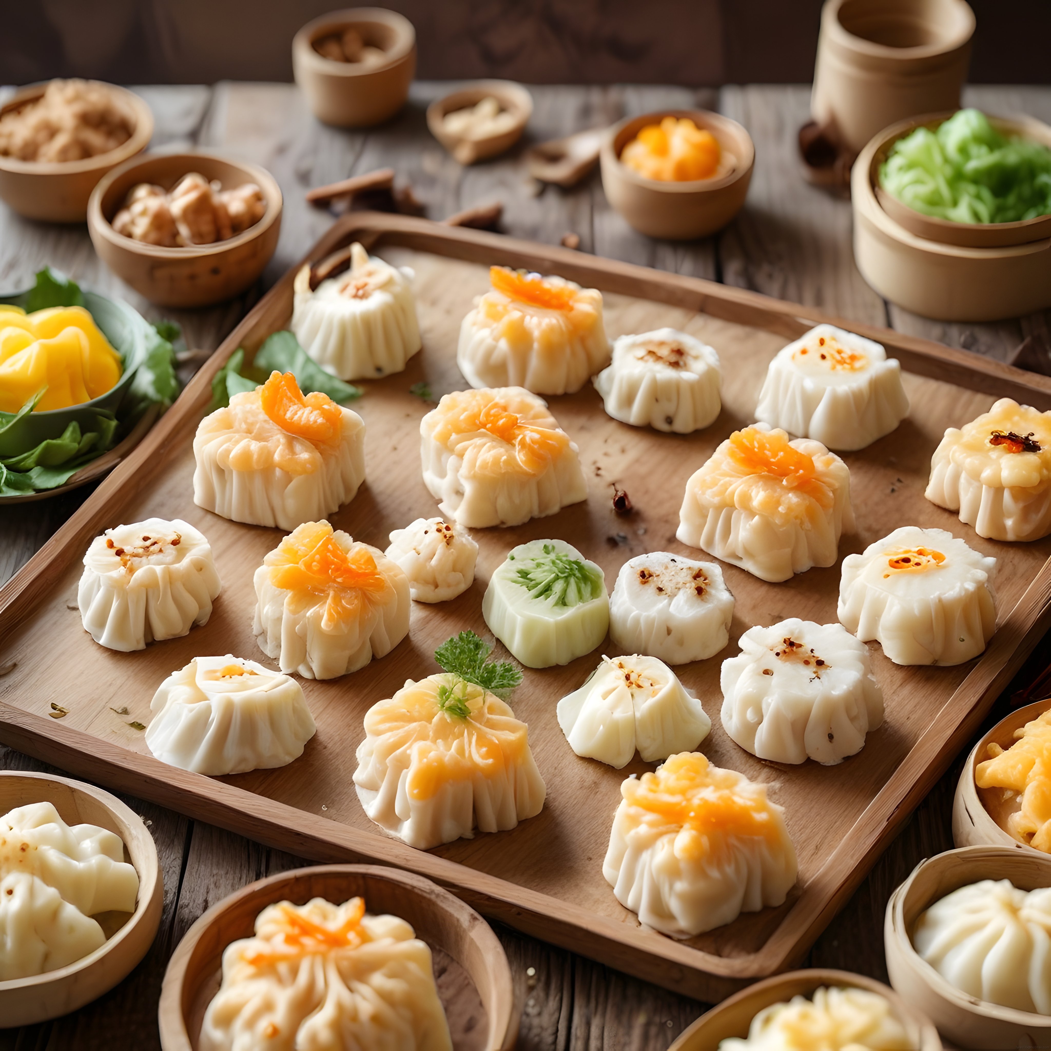 Bambu Tepsi Üzerinde Geleneksel Çin Mantıları ve Çeşitli Dim Sum Çeşitleri