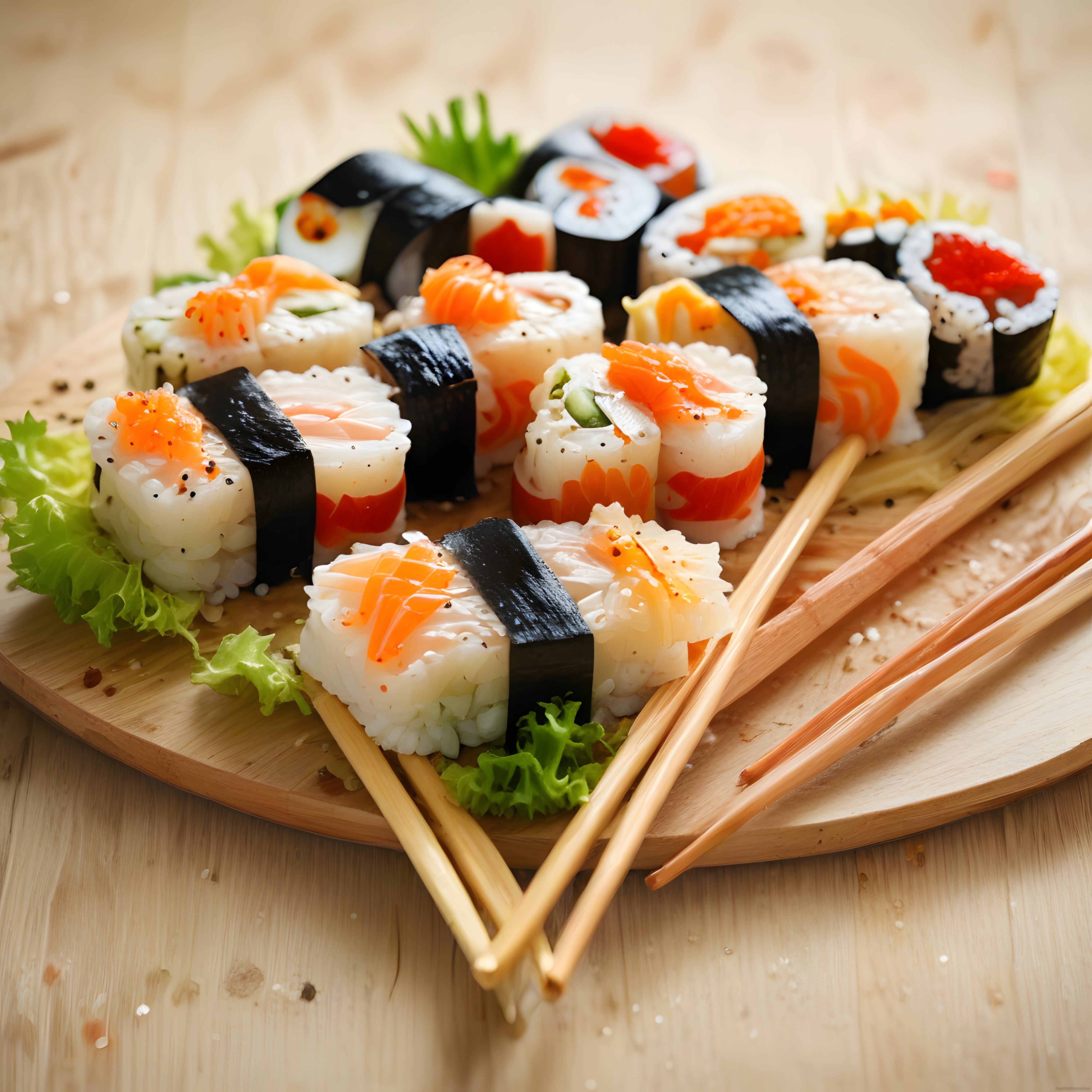 Bambu Tepsi Üzerinde Renkli Sushi Çeşitleri ve Çubuklar ile Japon Mutfağı