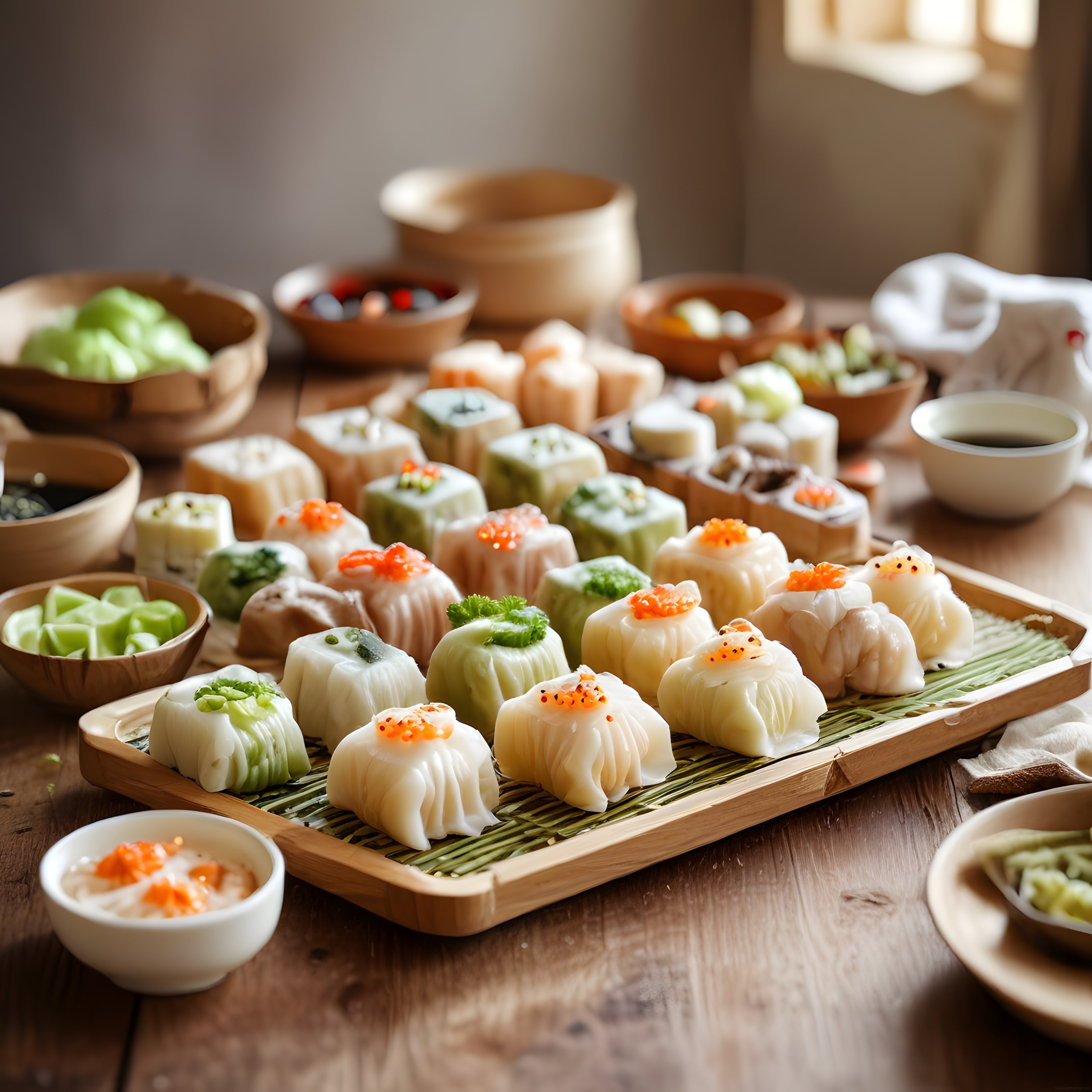 Bambu Tepsi Üzerinde Sunulan Renkli ve Lezzetli Dim Sum Çeşitleri