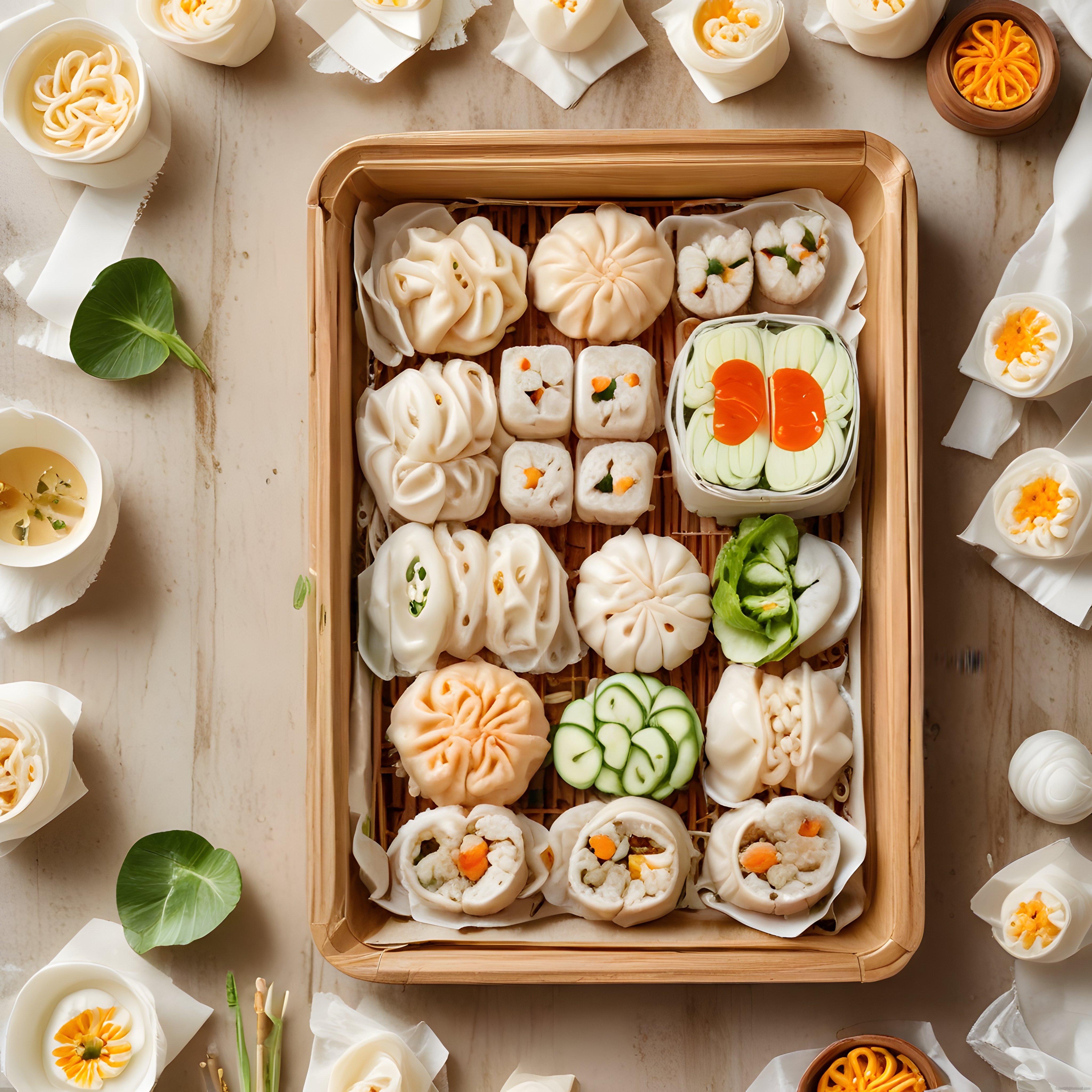 Bambu Tepside Çeşitli Asya Lezzetleri: Sushi, Dim Sum ve Taze Sebzeler