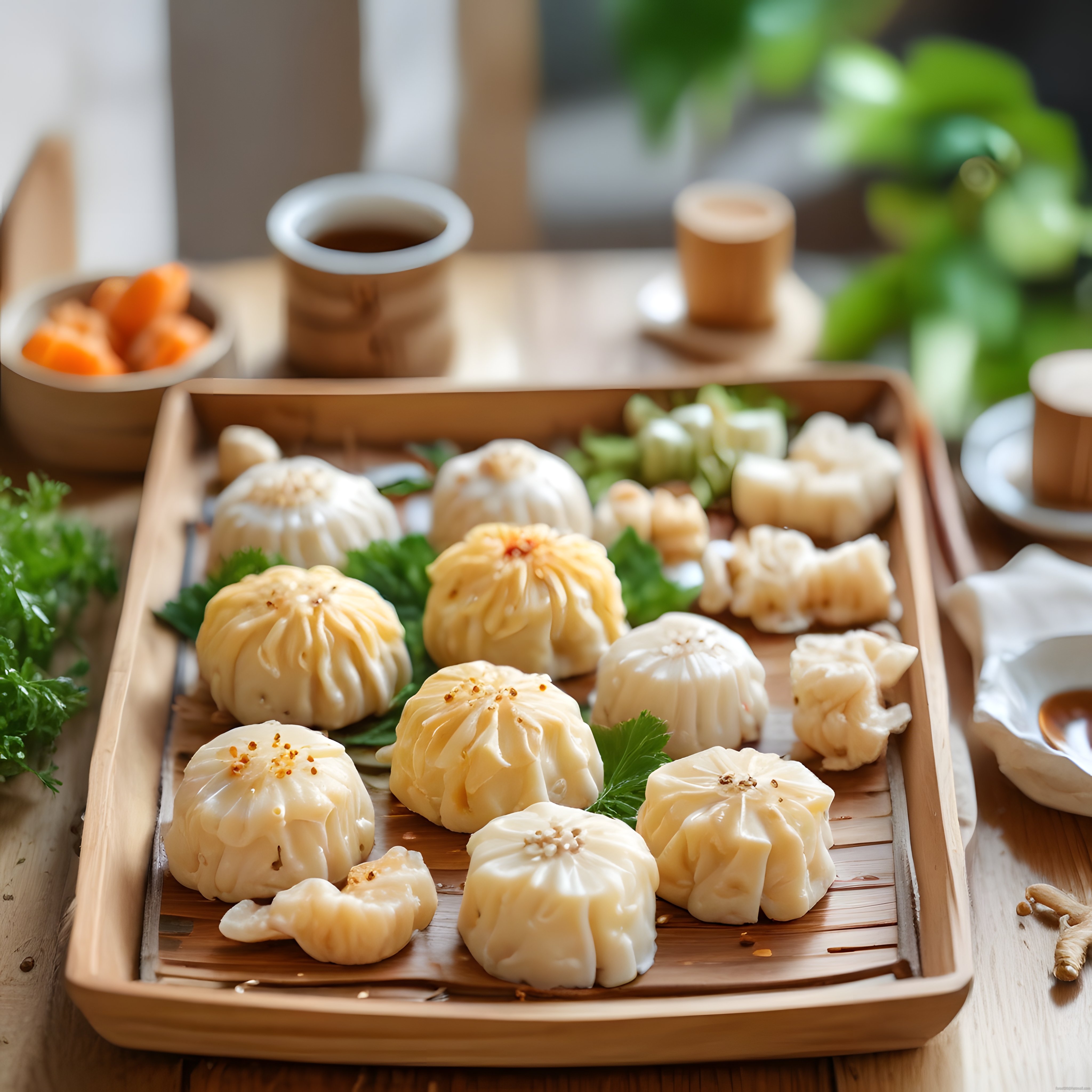 Bambu Tepside Geleneksel Çin Mantısı ve Dim Sum Çeşitleri Sunumu