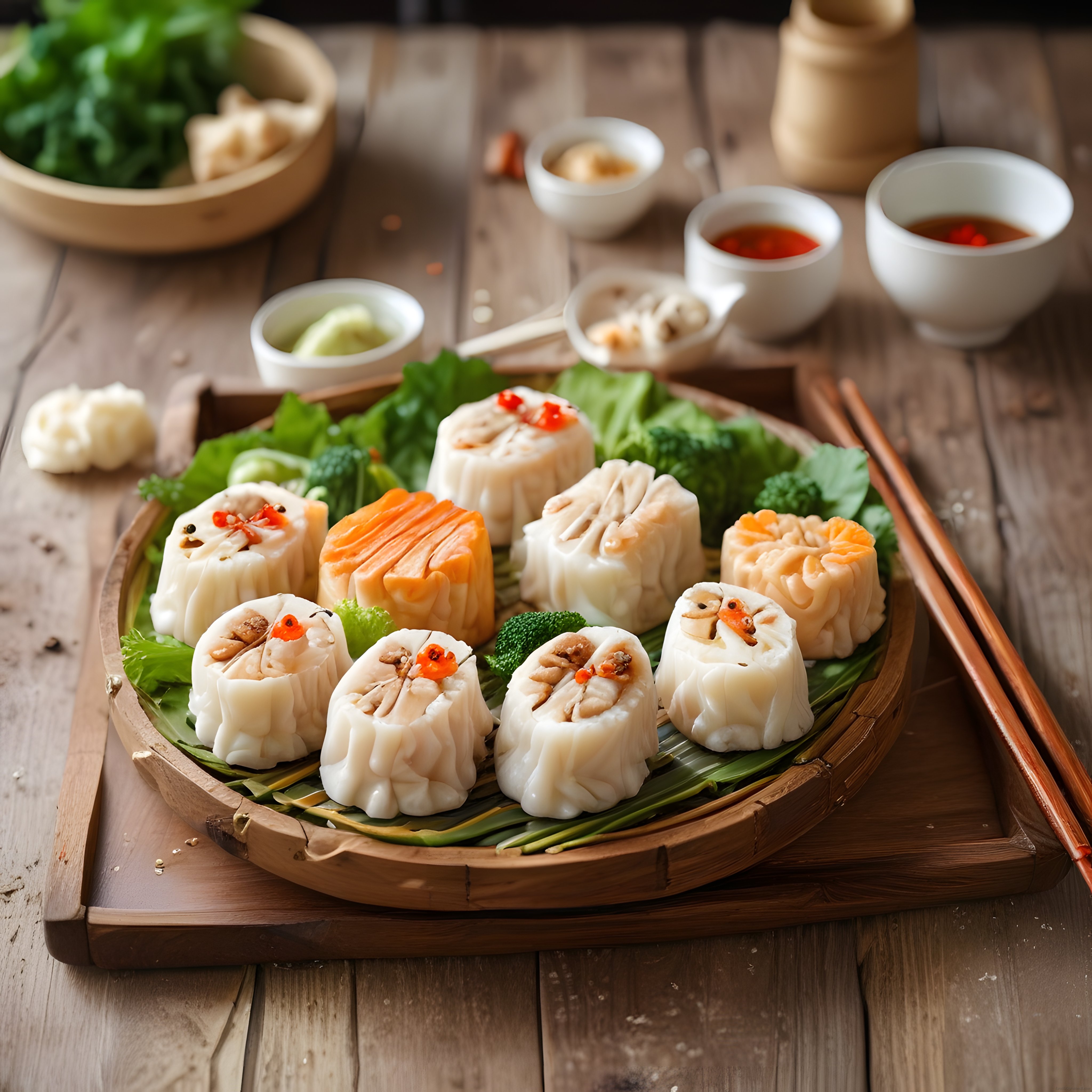 Bambu Tepside Renkli Dim Sum Çeşitleri ve Eşlik Eden Baharatlı Soslar