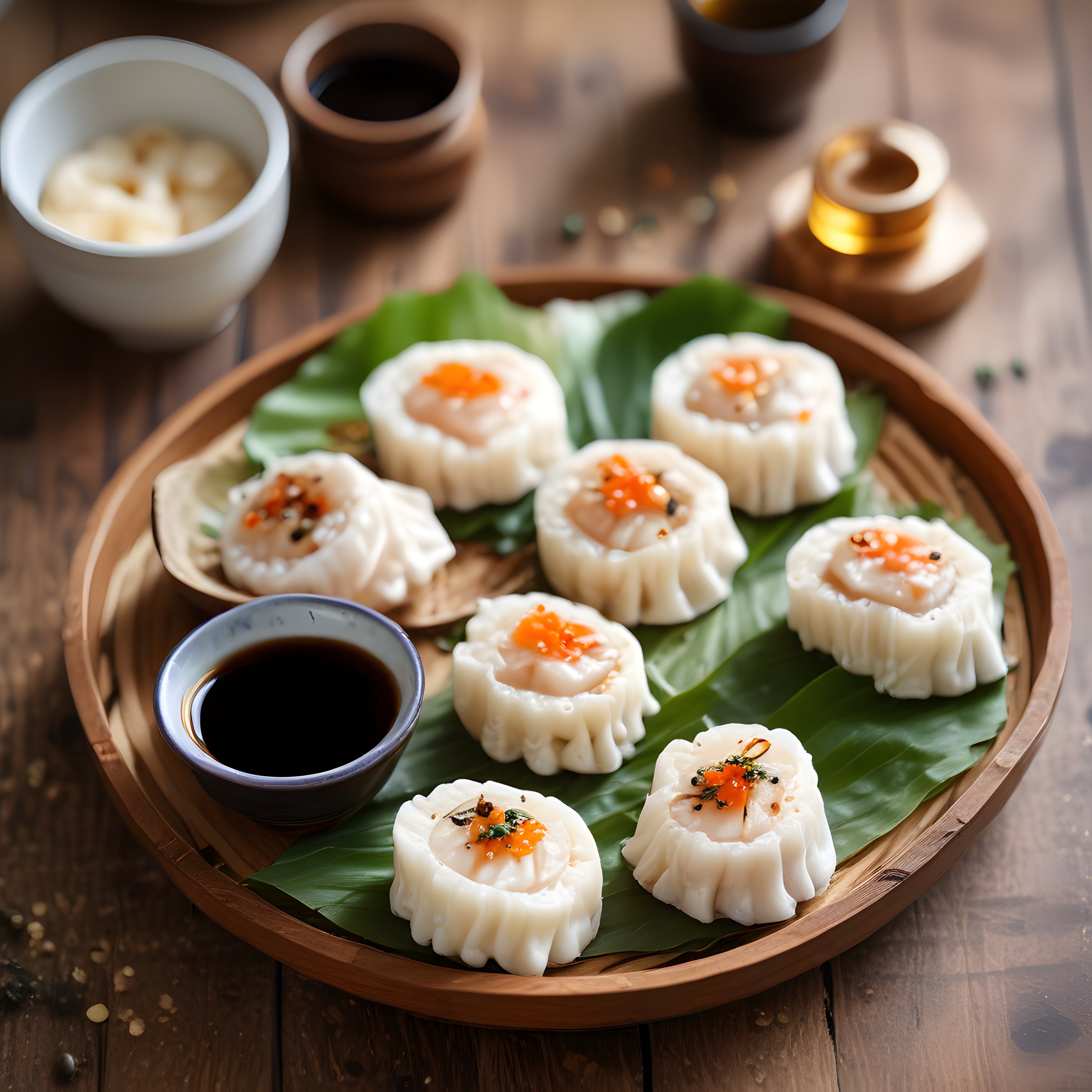 Bambu Tepside Sunulan Taze Dim Sum ve Soya Sosu ile Asya Lezzeti